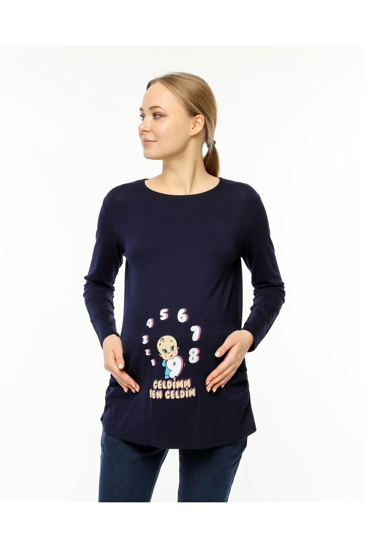 Aymer-Long Sleeve Printed Navy Blue Maternity T-Shirt 5