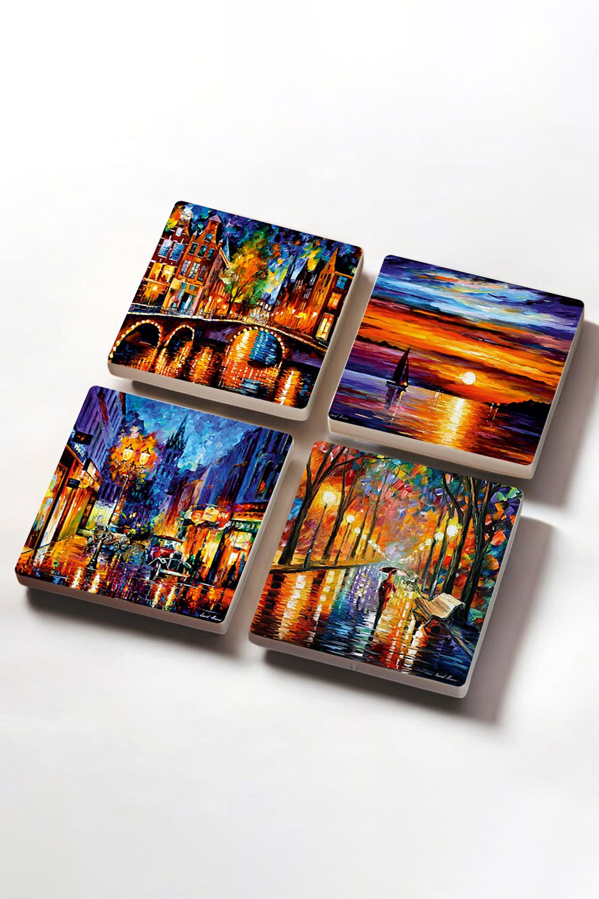 Pinecone-Sea View, Bridge View, Street View, Lanterns Stone Coasters Set of 4 10x10cm 2