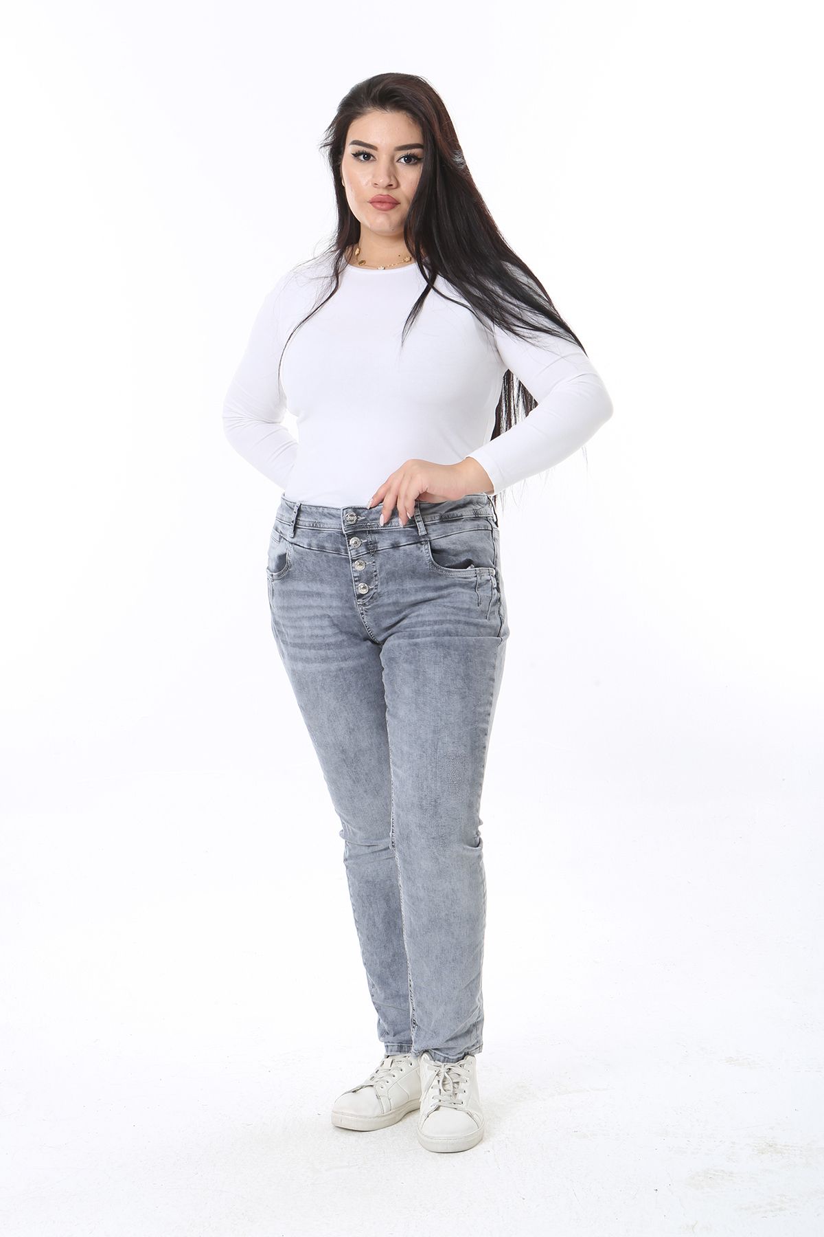 Şans-Women's Large Size Gray Washing Effect 5 Pocket Lycra Jeans 65N38392 8
