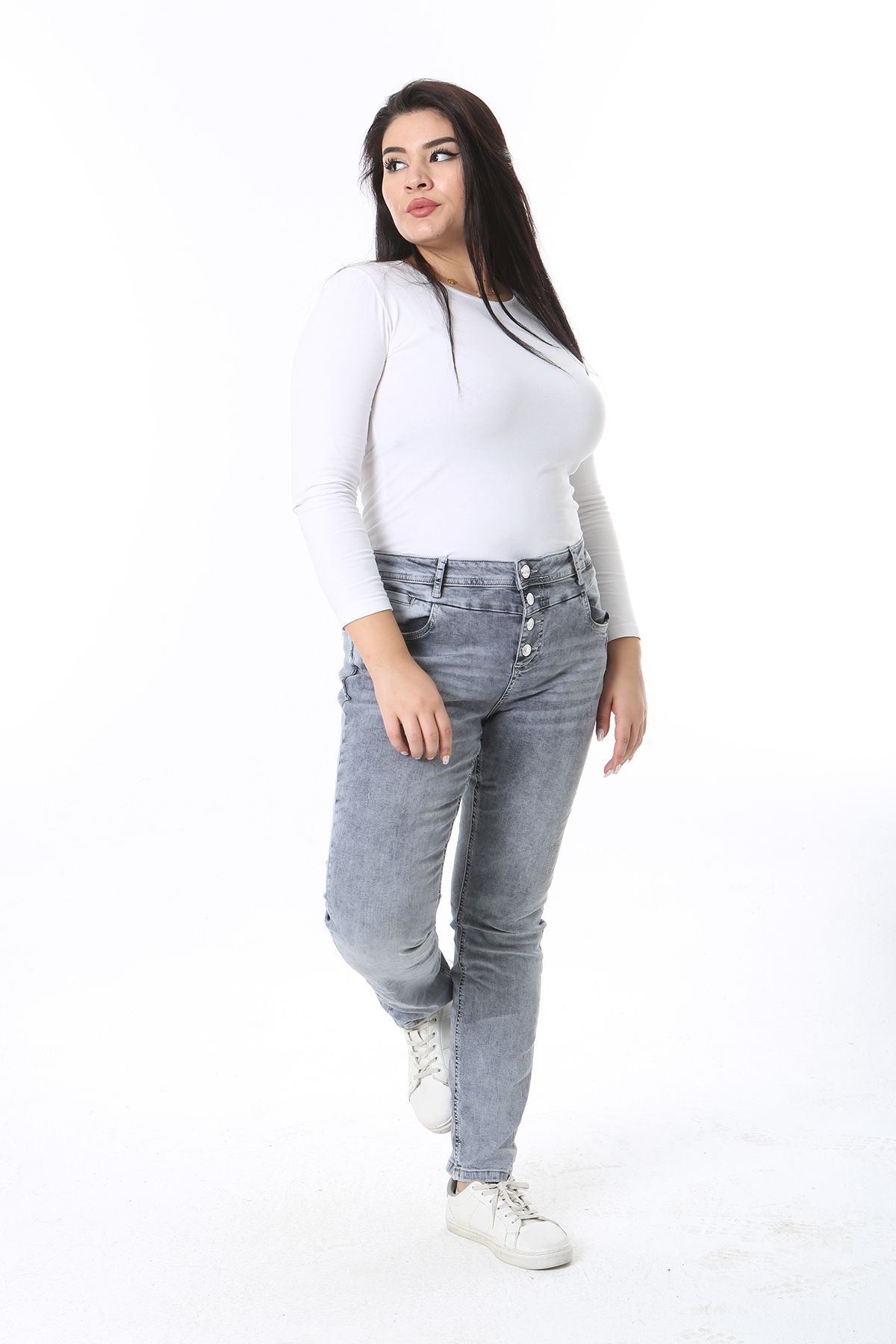 Şans-Women's Large Size Gray Washing Effect 5 Pocket Lycra Jeans 65N38392 3