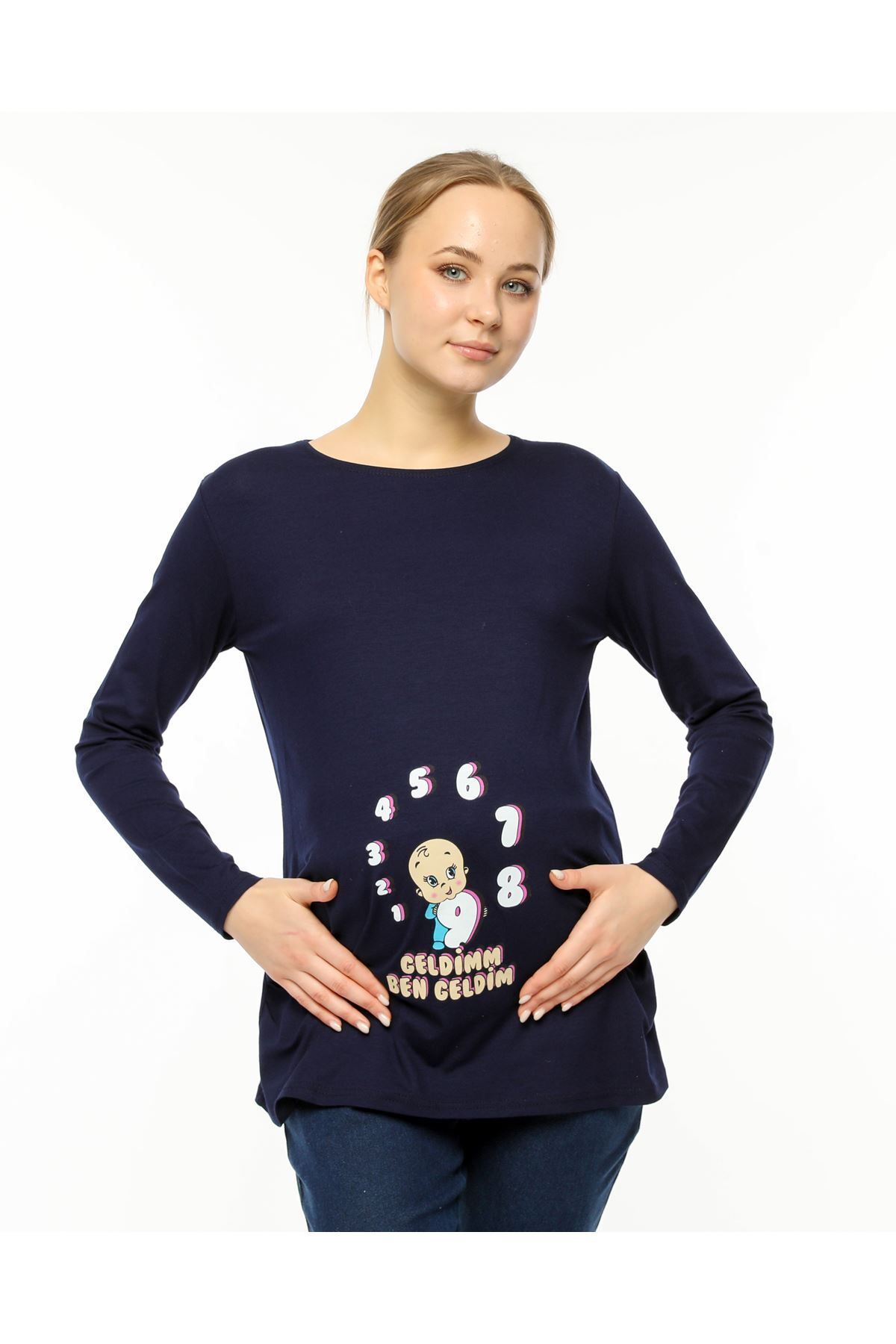 Aymer-Long Sleeve Printed Navy Blue Maternity T-Shirt 3