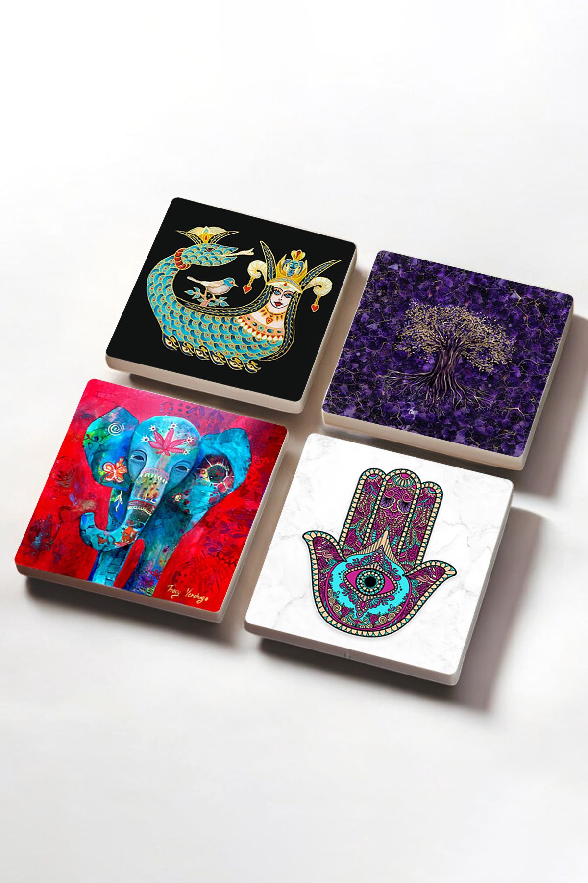 Pinecone-Tree of Life, Elephant, Mother Fatima Hand (HAMSA), Shahmeran Stone Coasters Set of 4 10x10cm 2