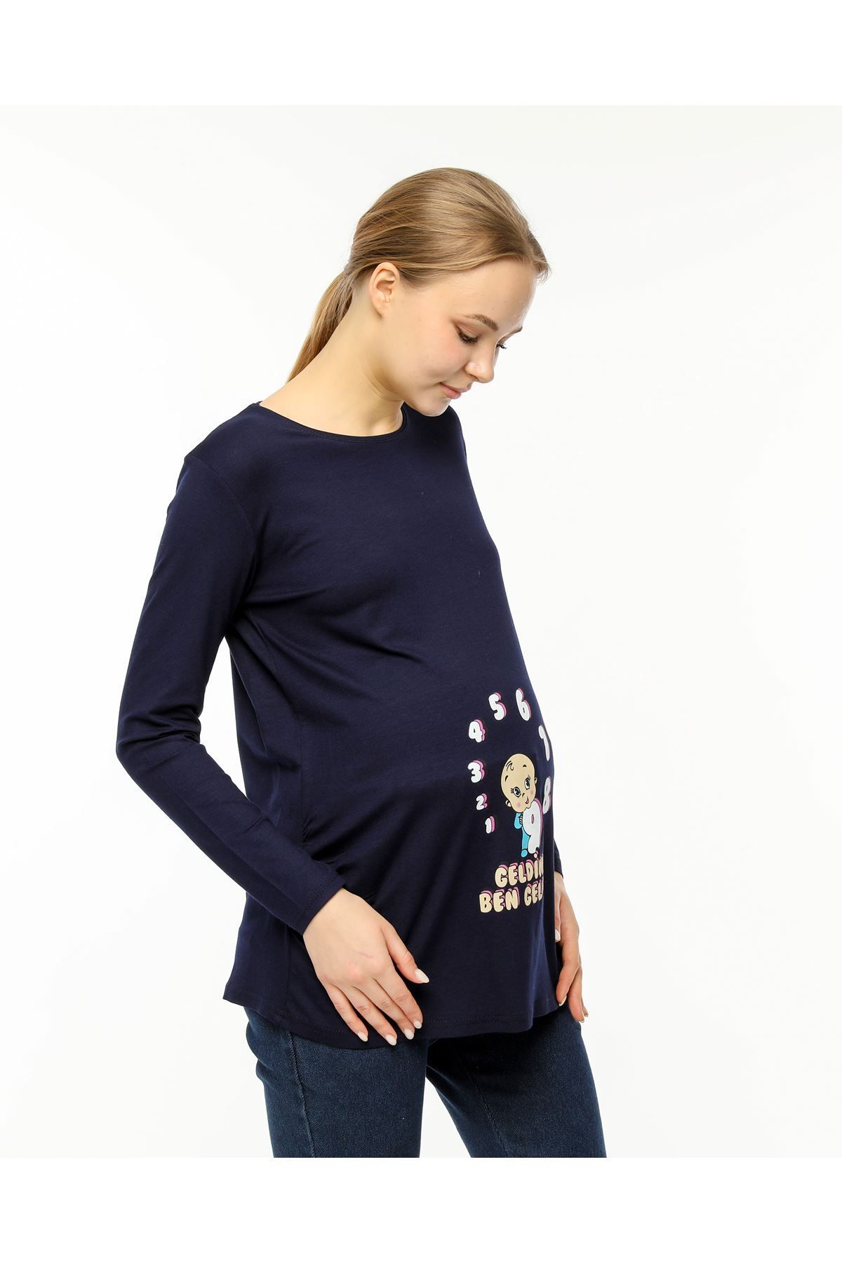 Aymer-Long Sleeve Printed Navy Blue Maternity T-Shirt 4