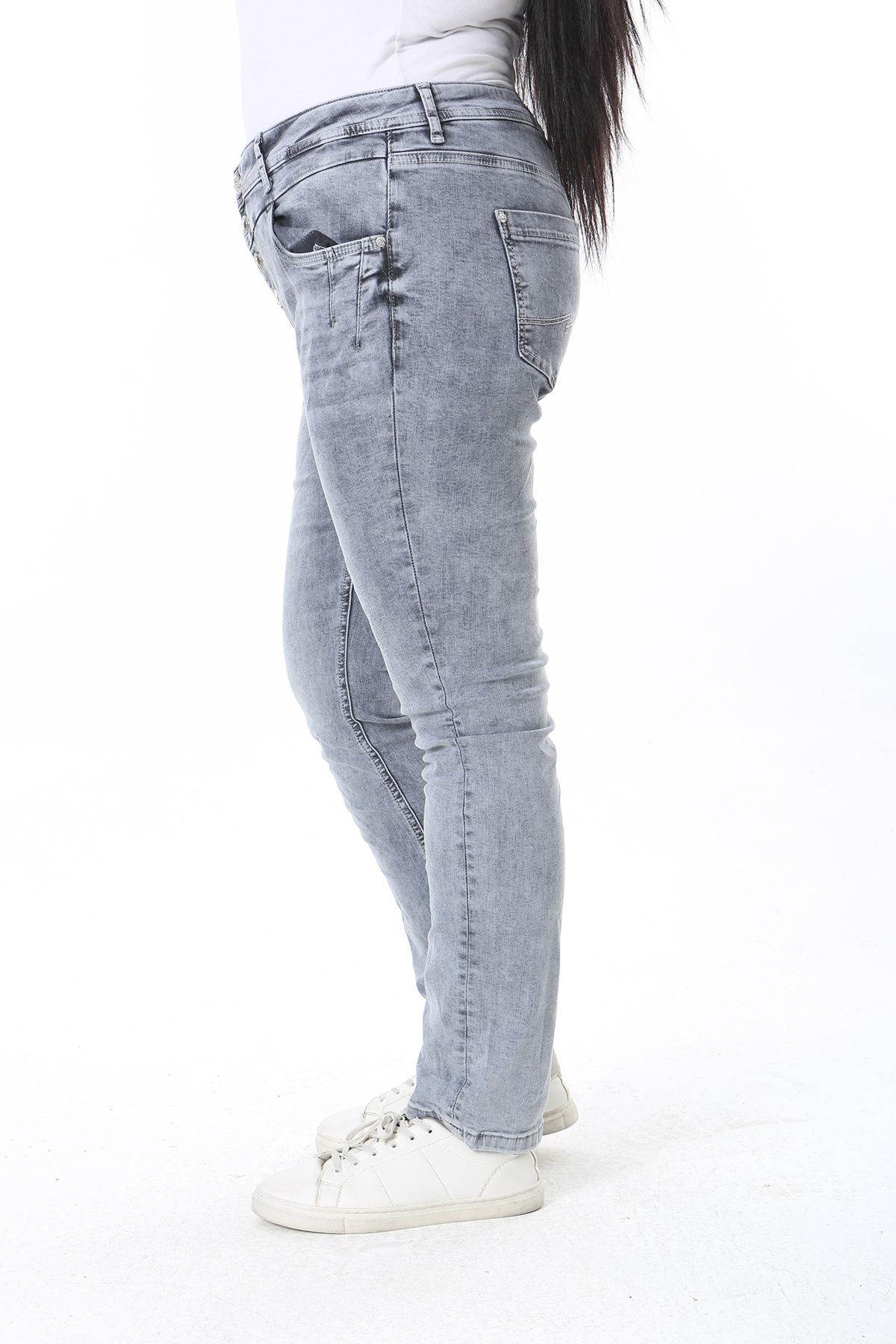 Şans-Women's Large Size Gray Washing Effect 5 Pocket Lycra Jeans 65N38392 5