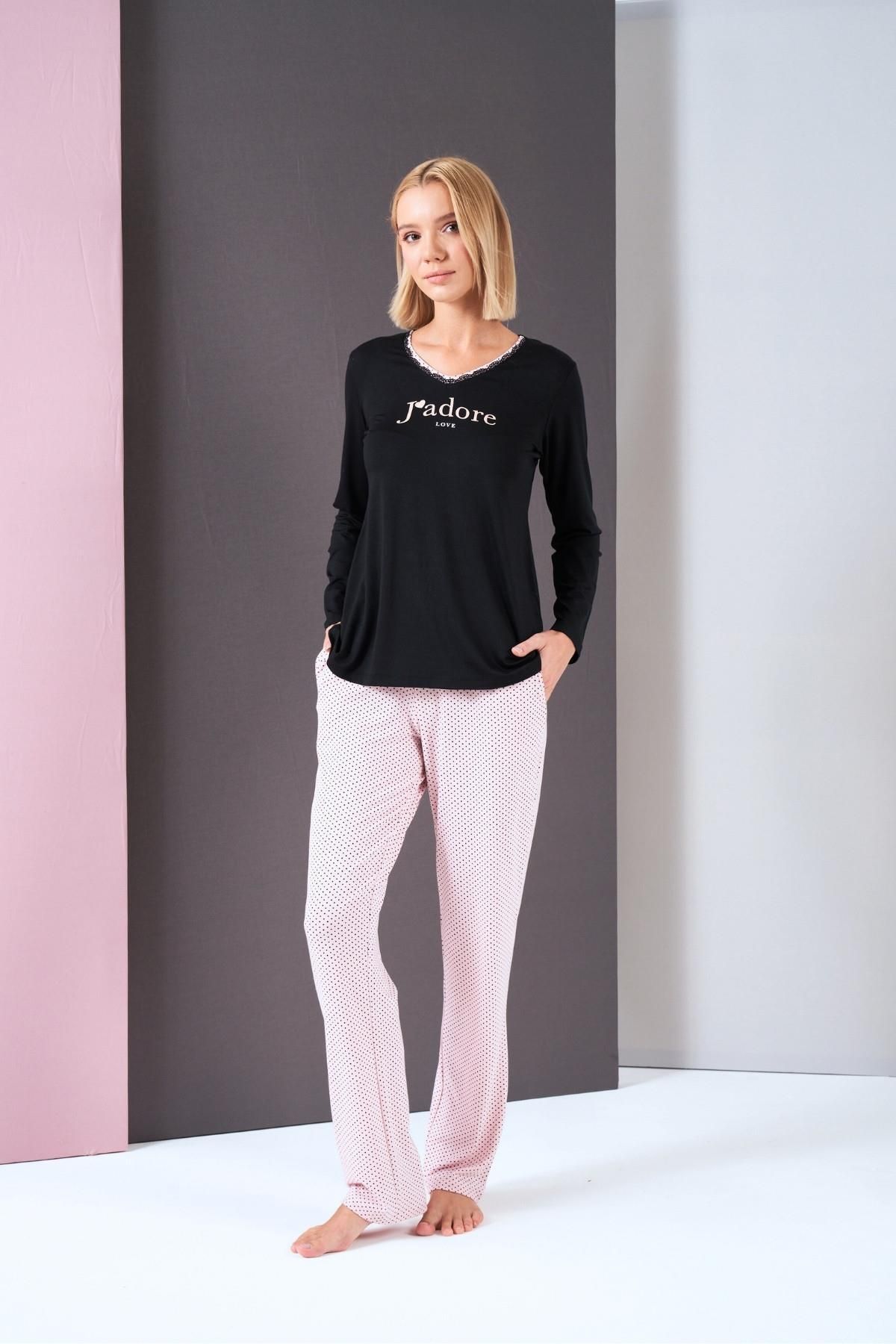 PJS Costum De Pijama De Damă Cu Decolteu În V Cu Buline Cu Mânecă Lungă Femeie - 40