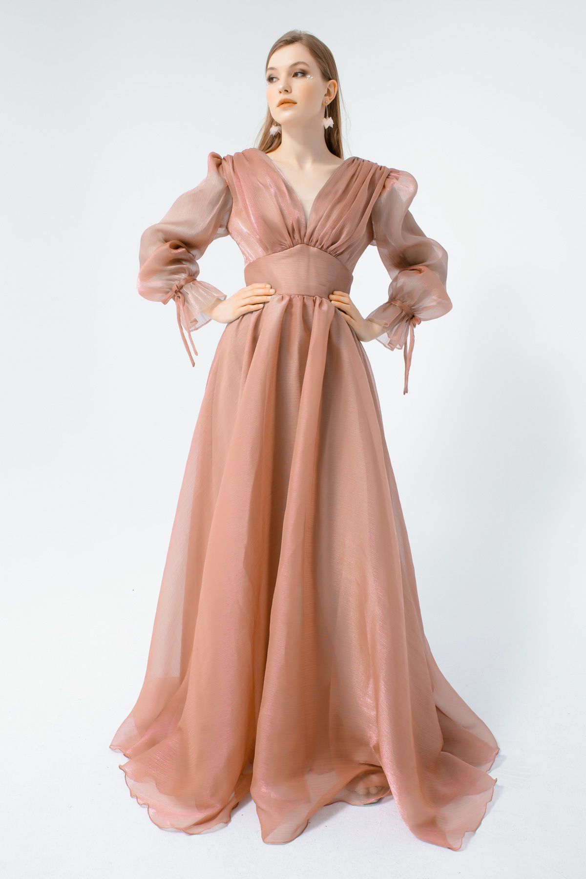 Lafaba-Langes Abendkleid mit lachsfarbenen Ballonärmeln und V-Ausschnitt für Damen 4