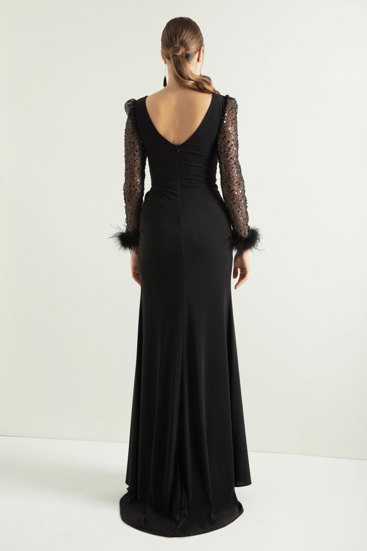 Lafaba-Women's Black V-Neck Sleeves with Stone Slits Long Evening Dress 5