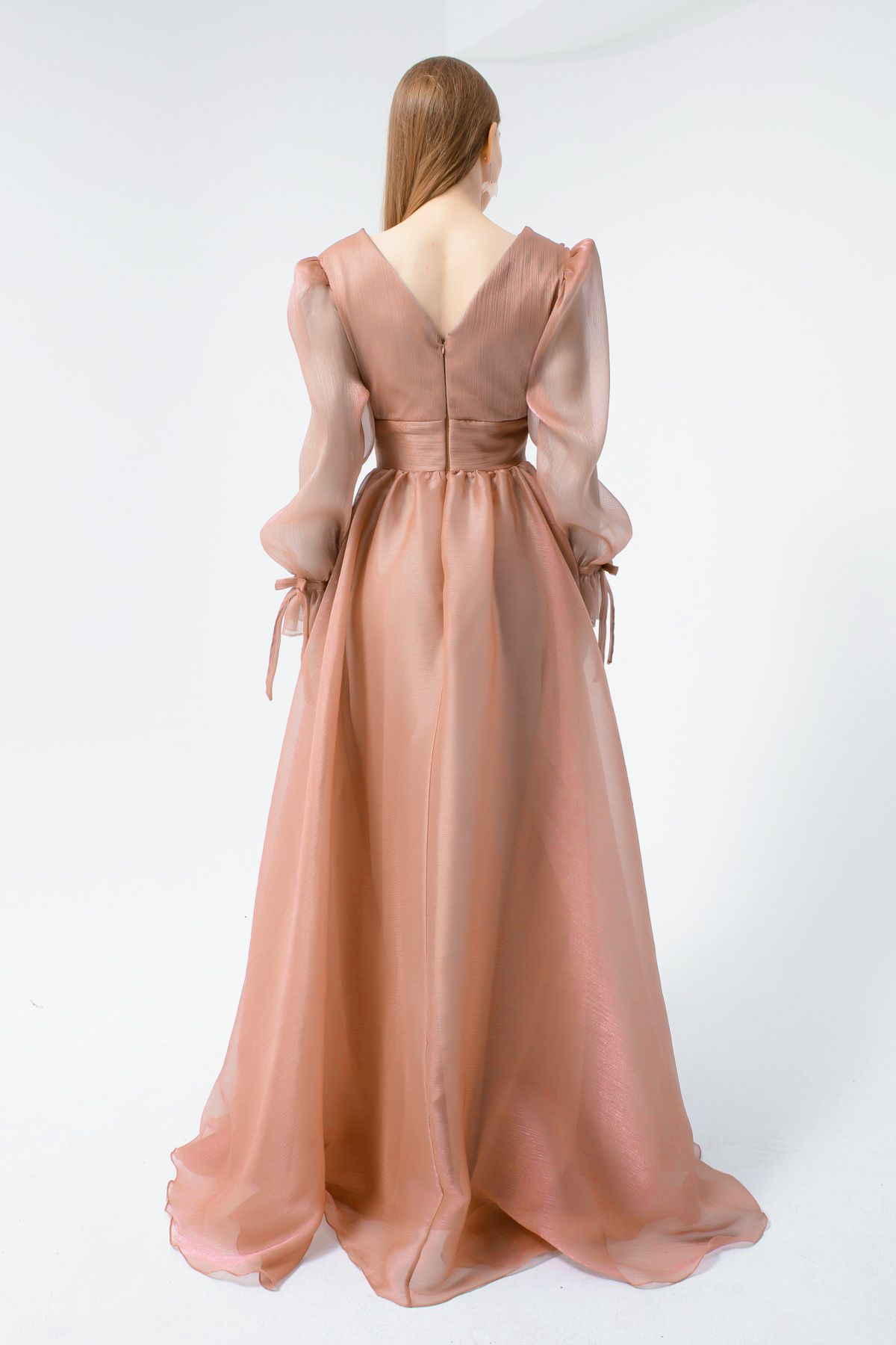 Lafaba-Langes Abendkleid mit lachsfarbenen Ballonärmeln und V-Ausschnitt für Damen 5