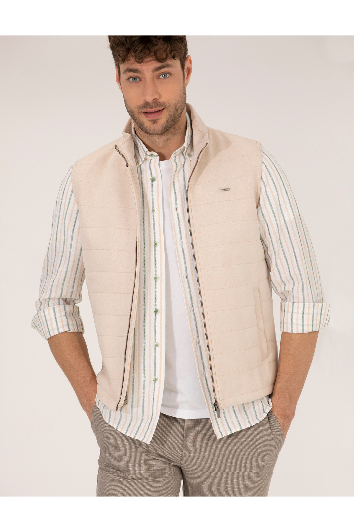 Pierre Cardin Bej Suni Deri Yelek 50275802-591 görsel 3