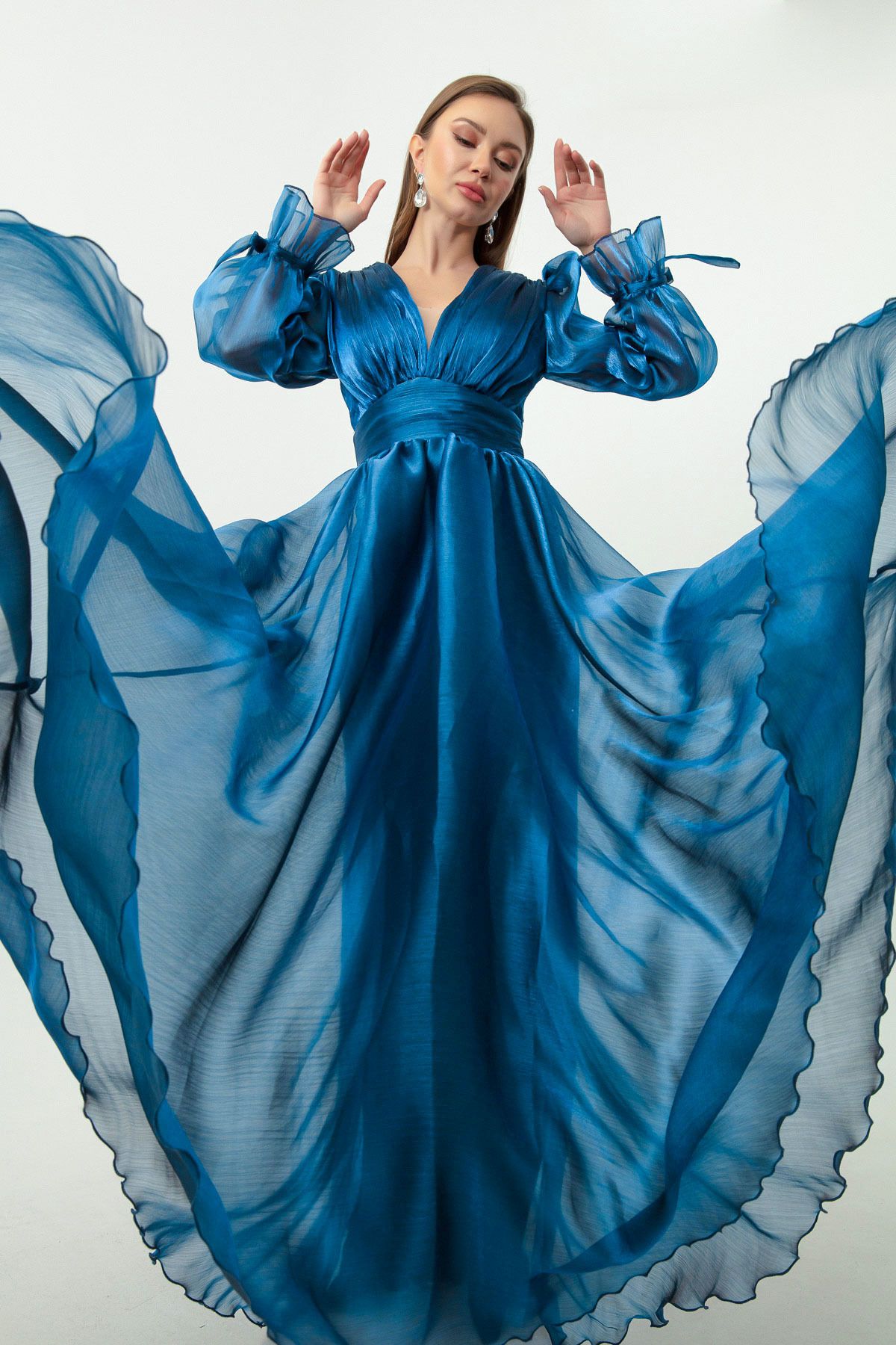 Lafaba-Langes Abendkleid mit Indigo-Ballonärmeln und V-Ausschnitt für Damen 3