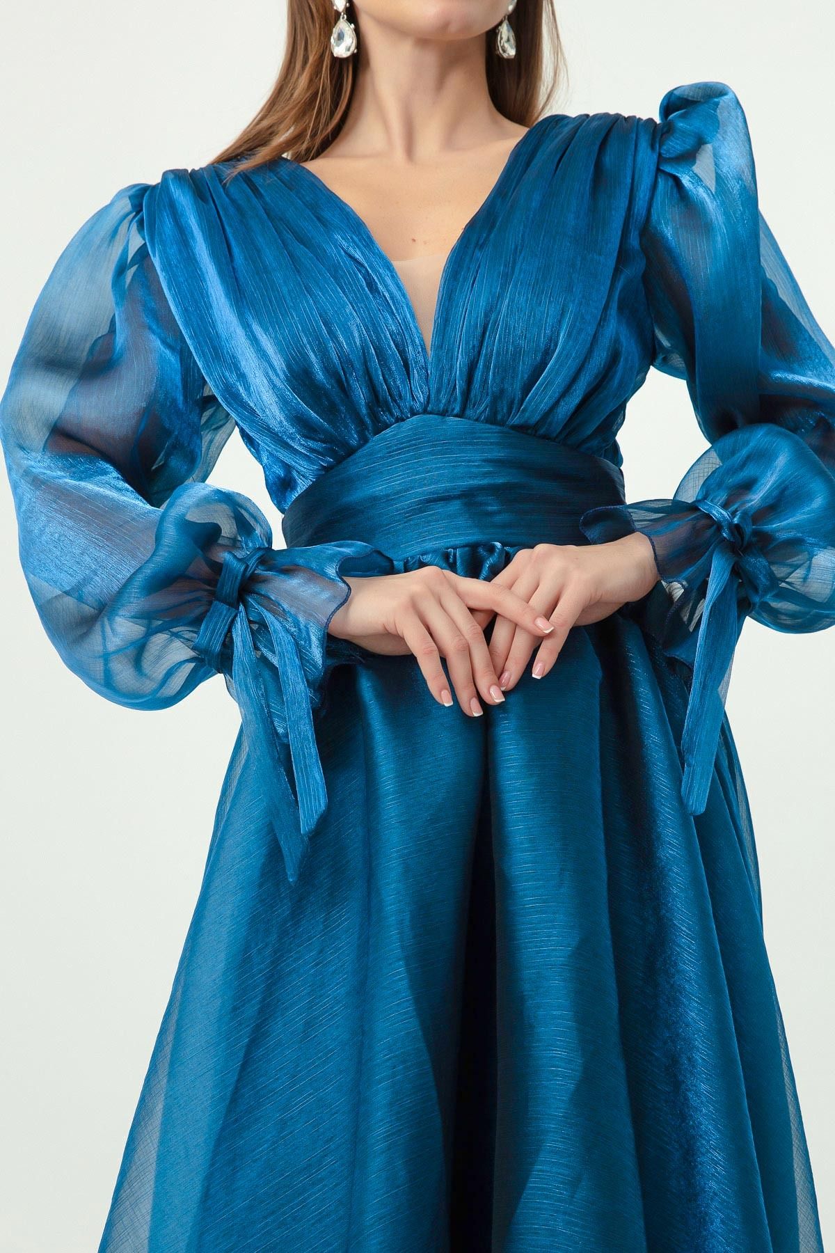 Lafaba-Langes Abendkleid mit Indigo-Ballonärmeln und V-Ausschnitt für Damen 4