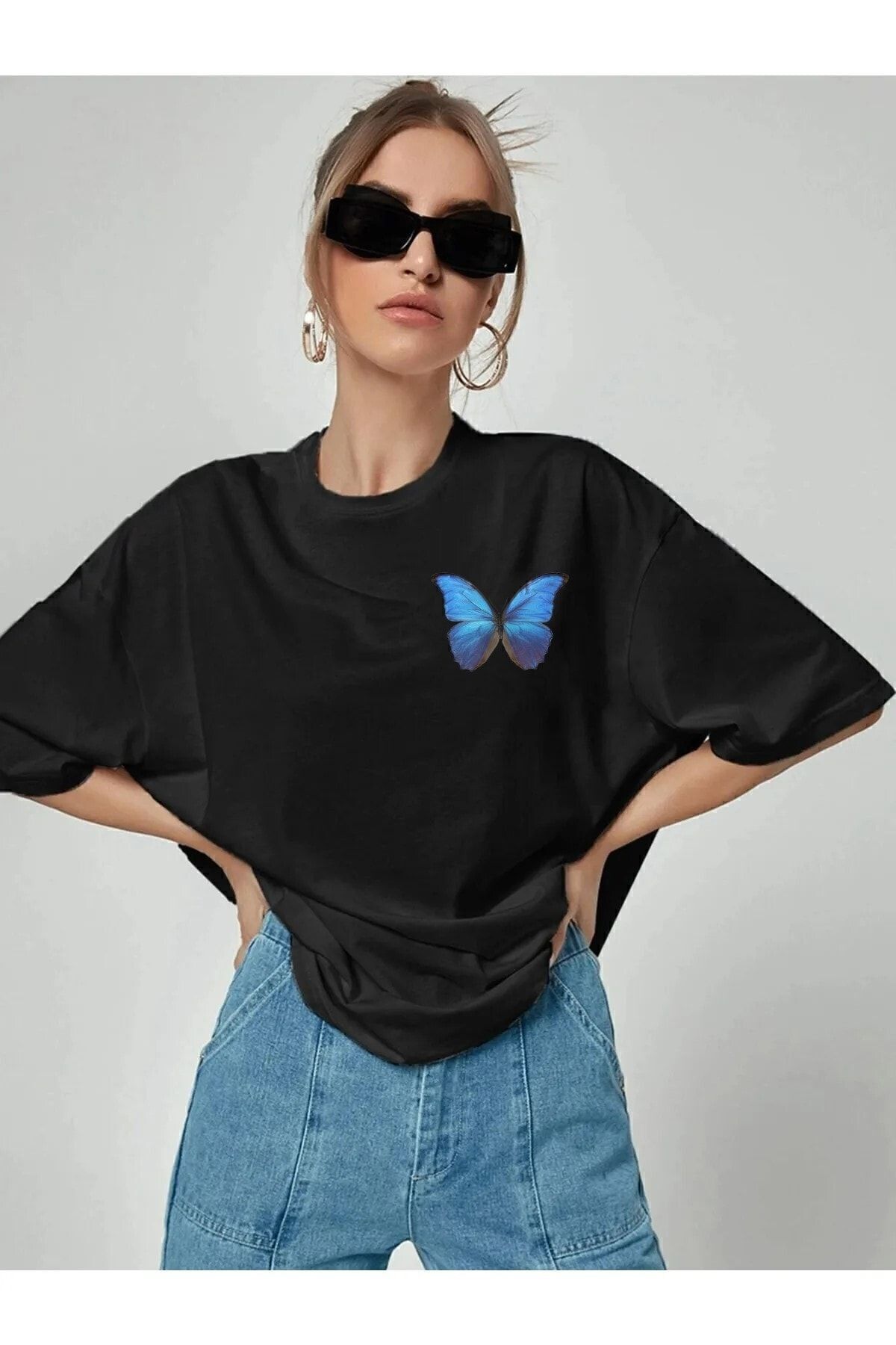 New Shine Blue Butterfly Baskılı Oversize Pamuk Penye Kumaş Siyah Tshirt