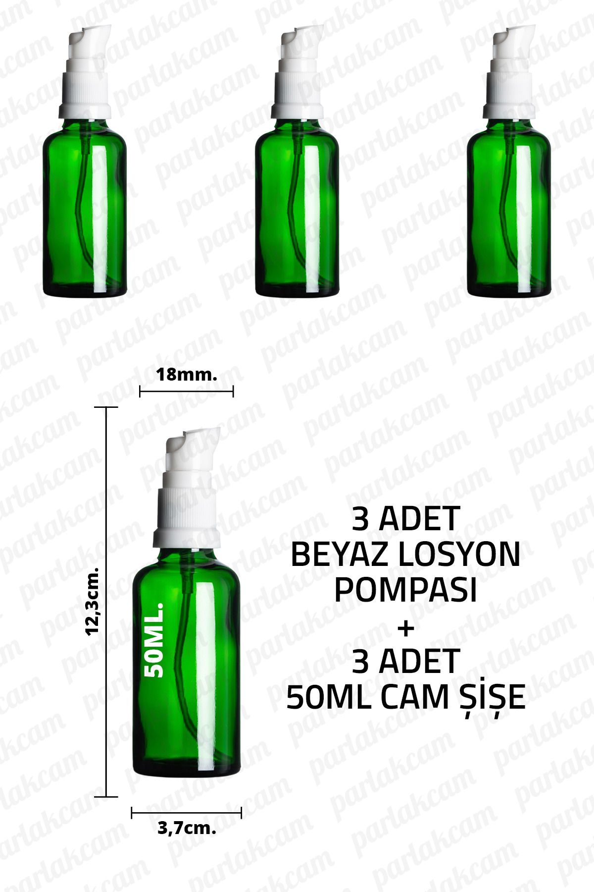 parlakcam 50ml Beyaz Losyon Pompası Yeşil Cam Şişe 50cc Beyaz Krem Pompası Başlıklı Yeşil Cam Şişe 3 Adet