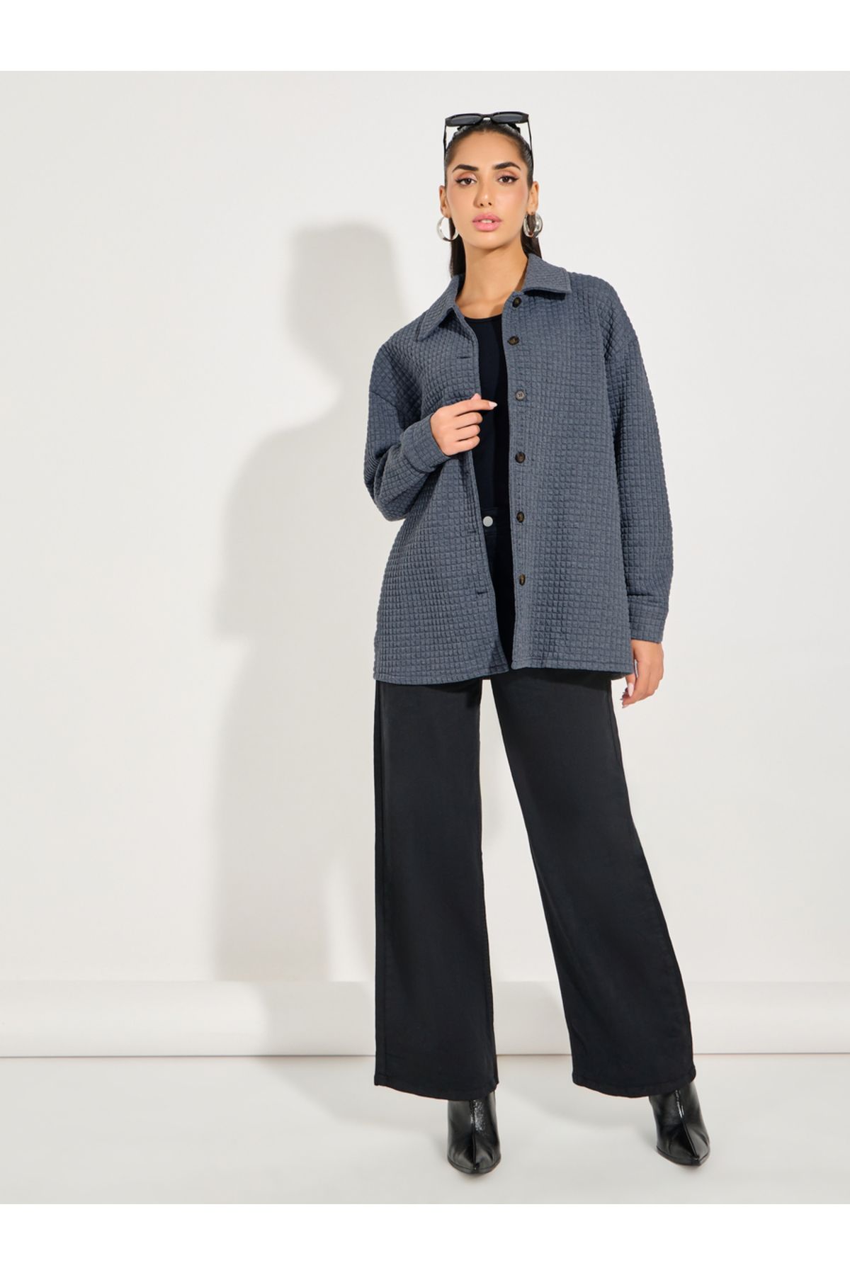 Styli-Oversized Longline Textured Button Down Shacket 6