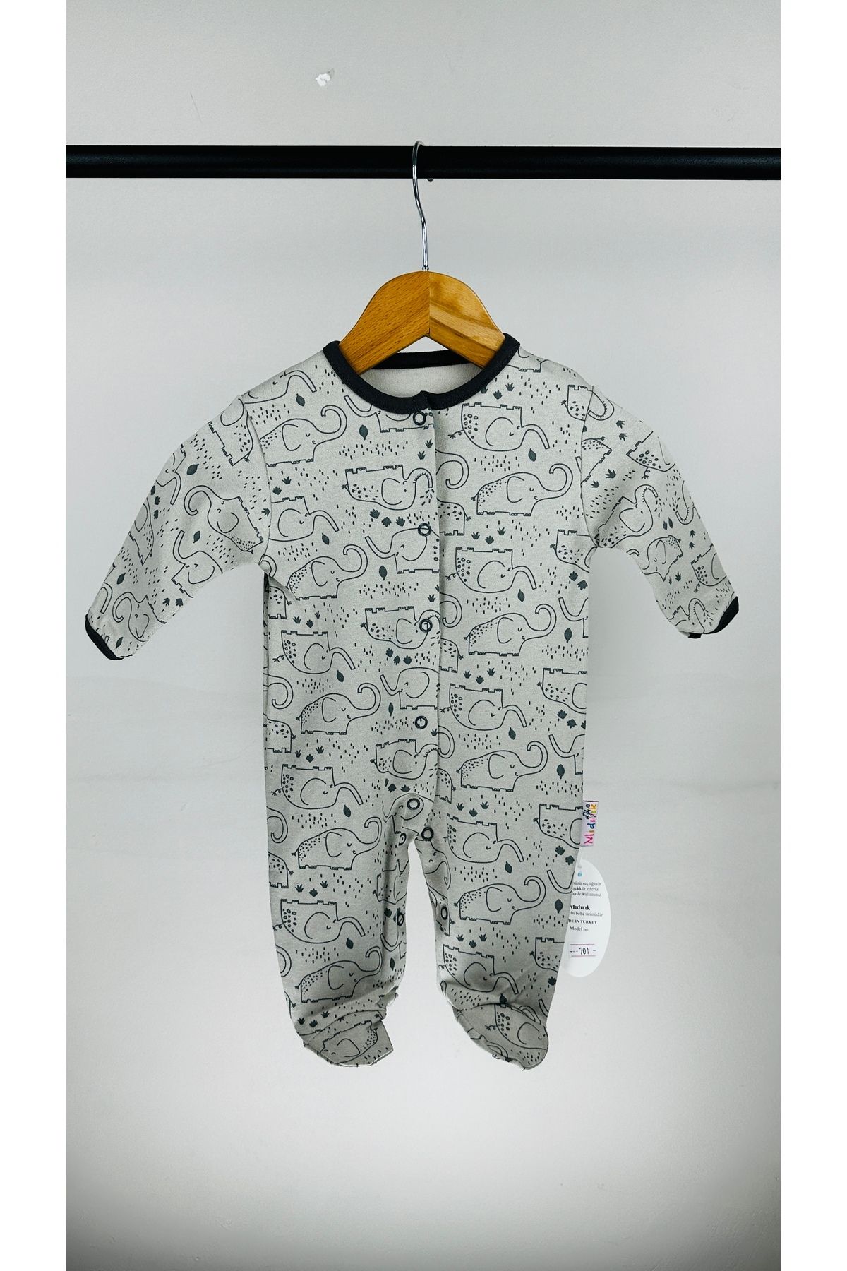 Mıdırık-Elephant Patterned Snap Cotton Baby Jumpsuit 1