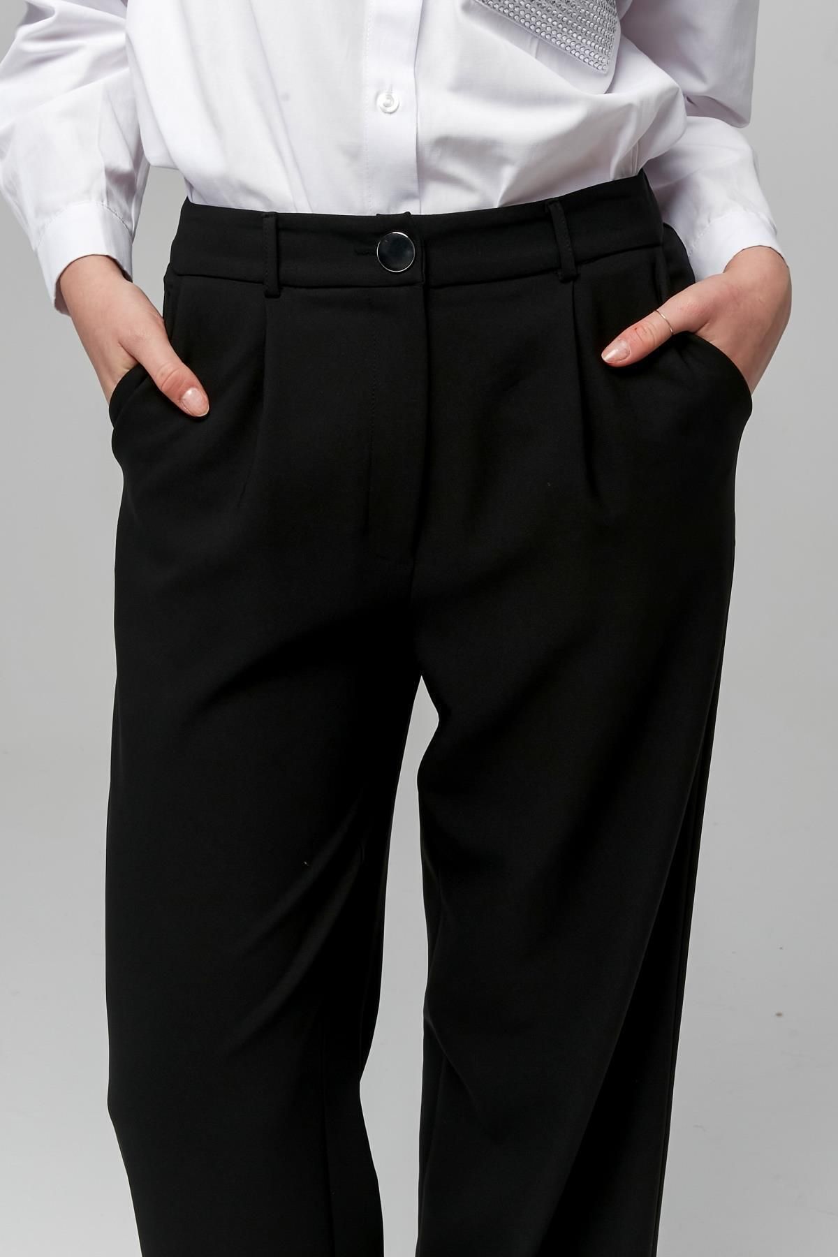 Appleline-Black Classic Fabric - Women's Pants with Wide Legs and Pockets 5