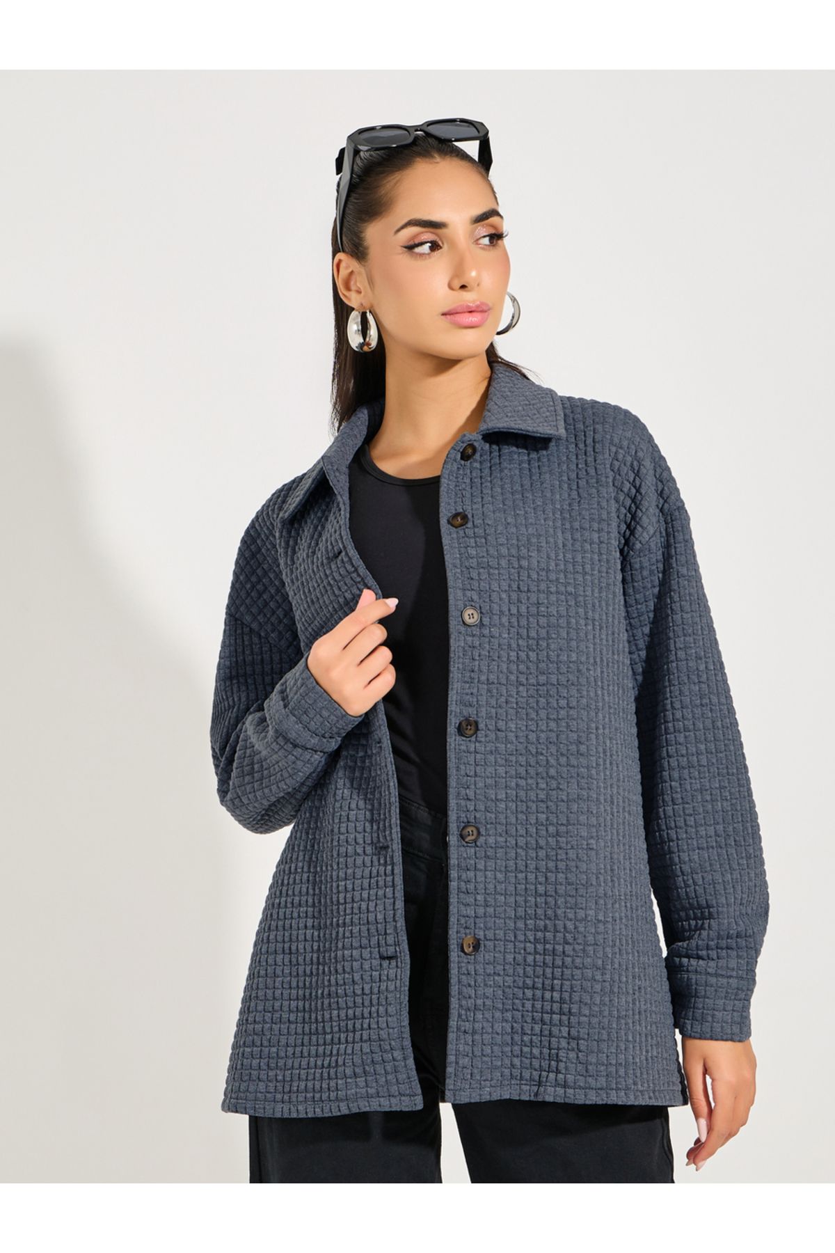 Styli-Oversized Longline Textured Button Down Shacket 3