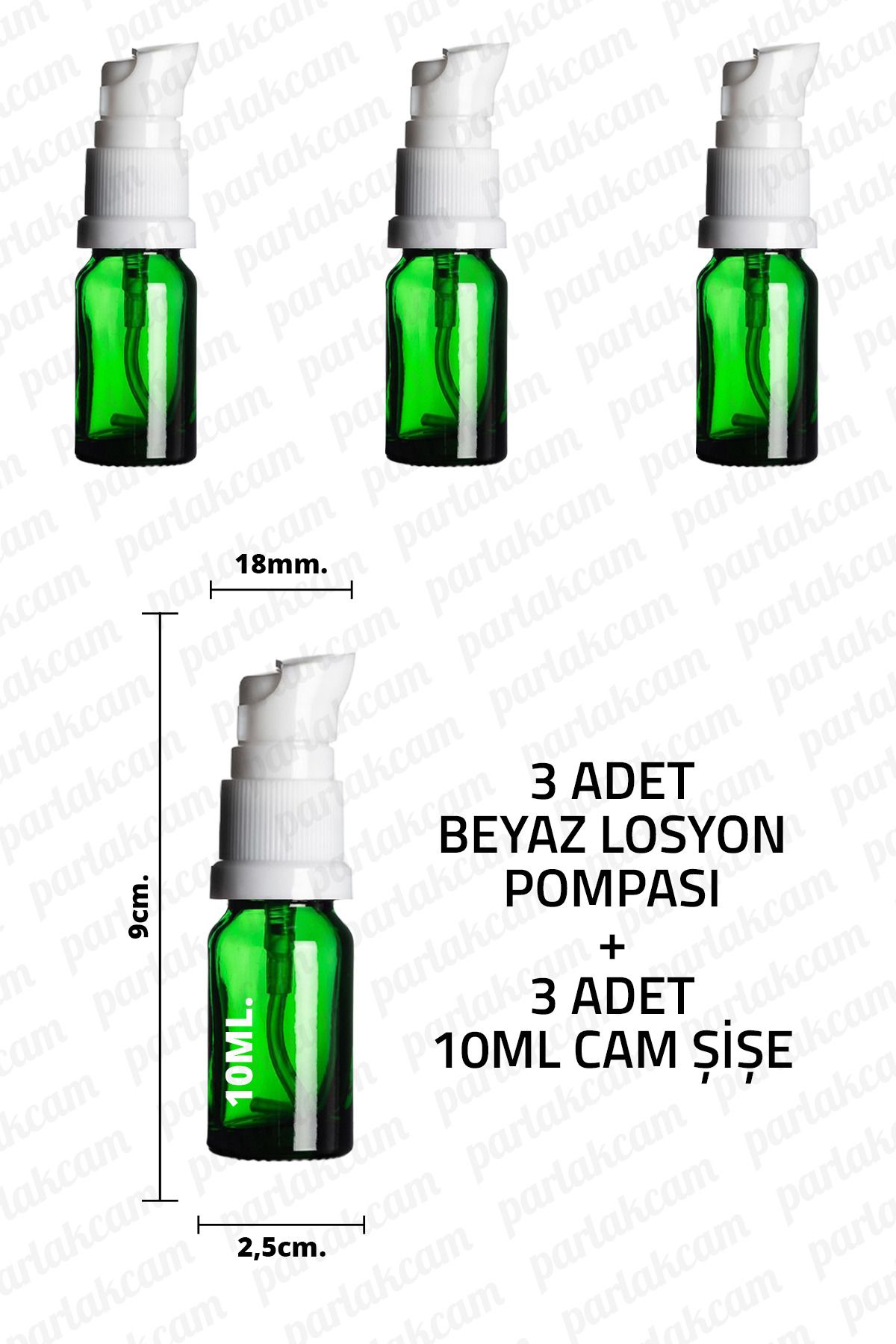 parlakcam 10ml Beyaz Losyon Pompası Yeşil Cam Şişe 10cc Beyaz Krem Pompası Başlıklı Yeşil Cam Şişe 3 Adet