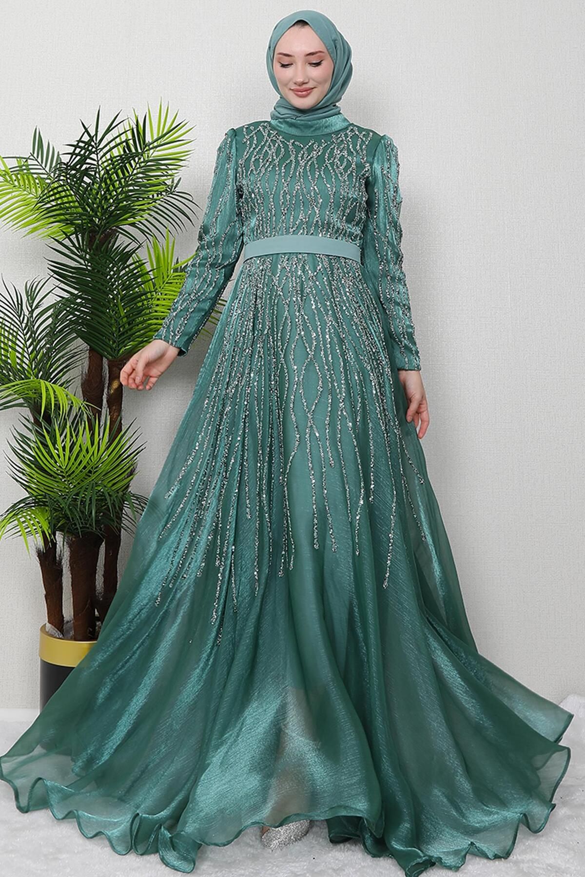 GİZ AGİYİM Sıla Stoned Hijab Evening Dress Mint - Trendyol