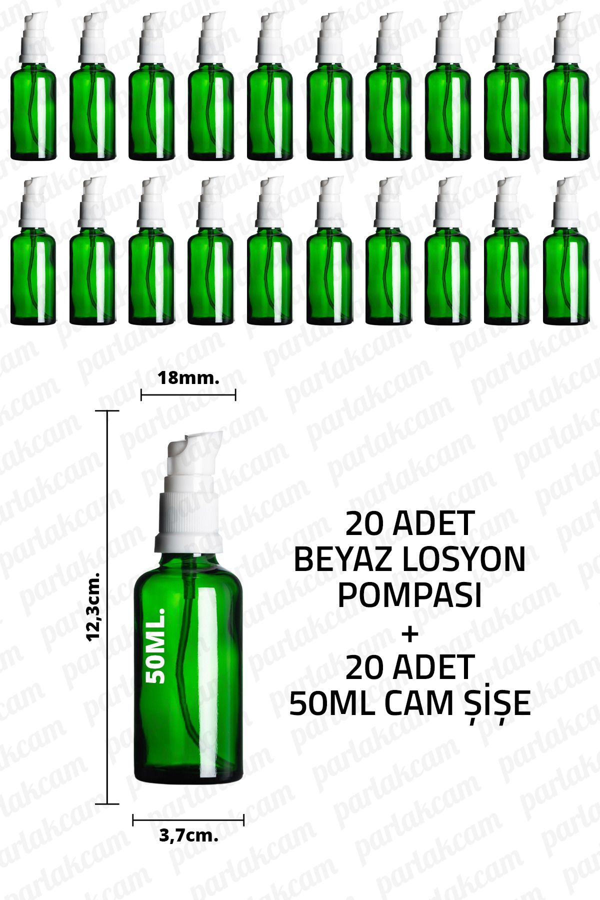 parlakcam 50ml Beyaz Losyon Pompası Yeşil Cam Şişe 50cc Beyaz Krem Pompası Başlıklı Yeşil Cam Şişe 20 Adet