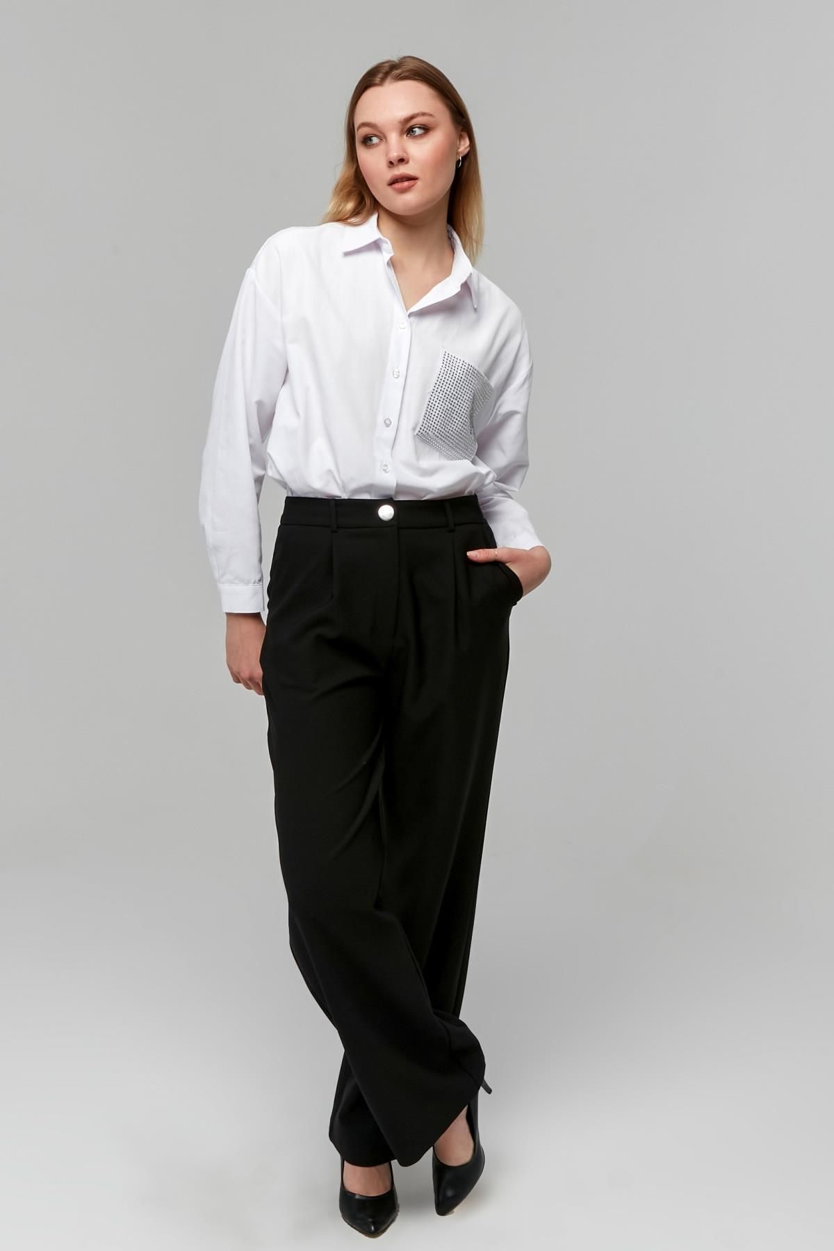 Appleline-Black Classic Fabric - Women's Pants with Wide Legs and Pockets 7