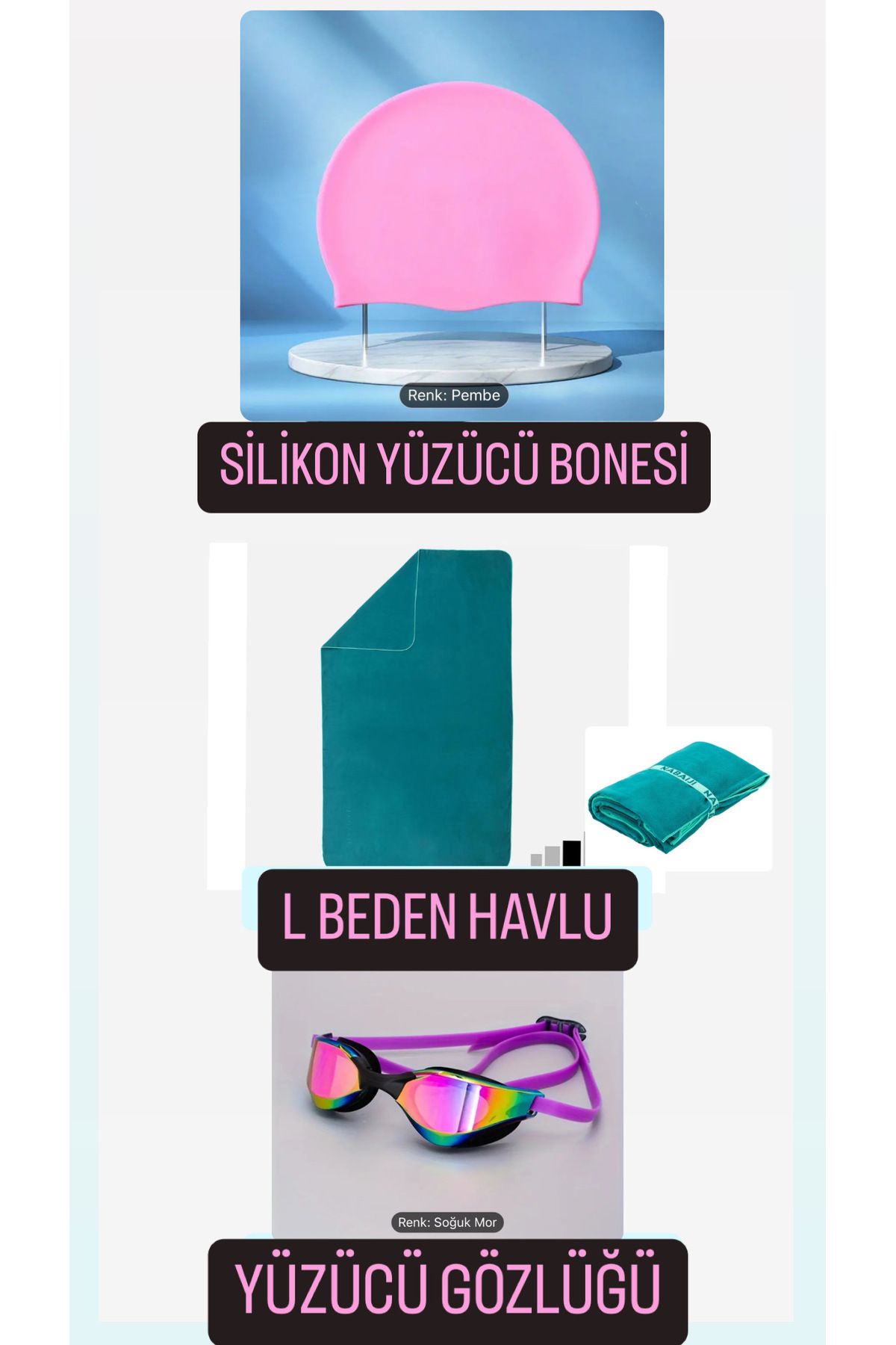 Decathlon Yüzücü Seti / L Beden Havlu / Yüzücü Gözlüğü/ Yüzücü Bonesi?