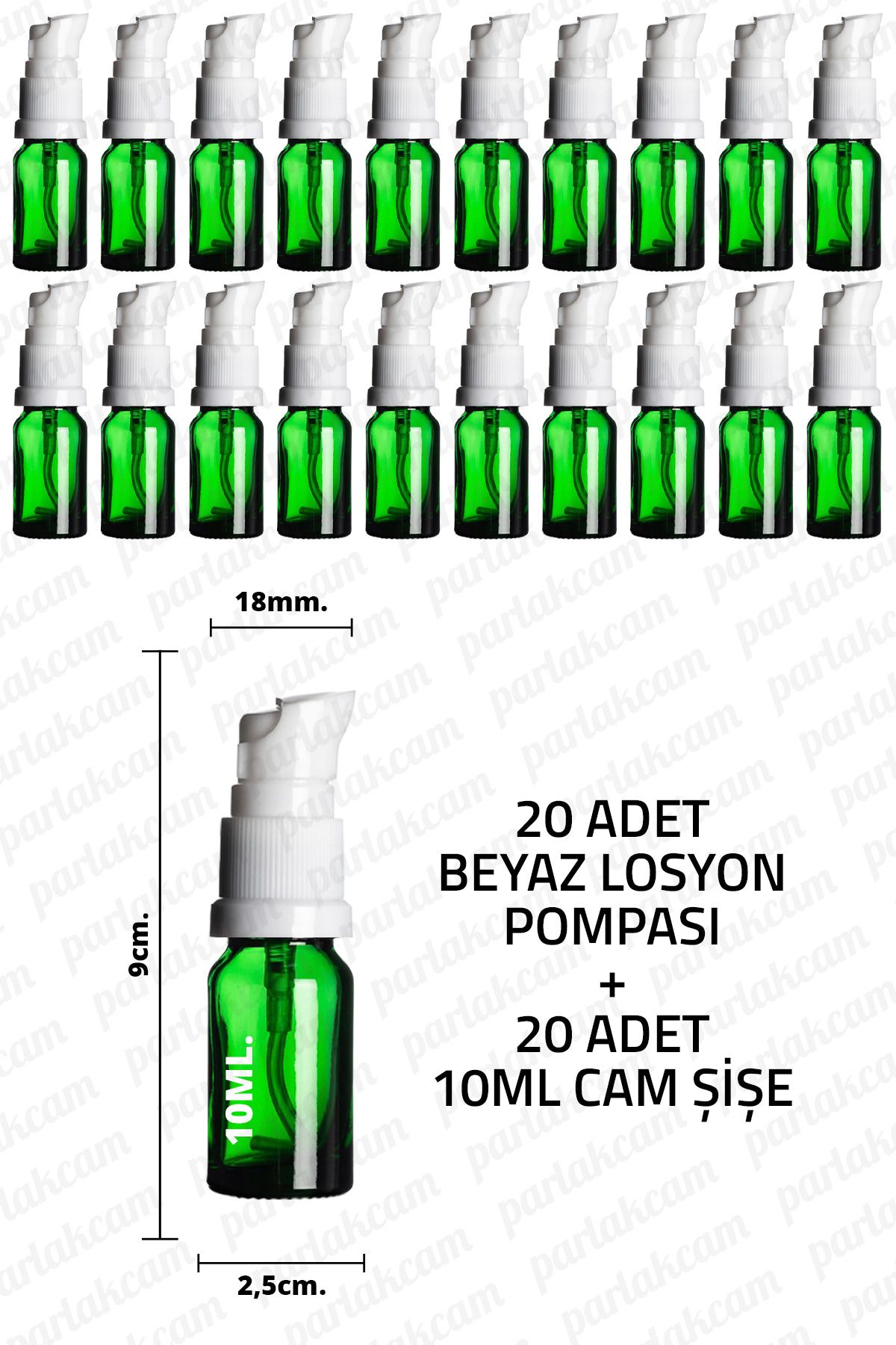 parlakcam 10ml Beyaz Losyon Pompası Yeşil Cam Şişe 10cc Beyaz Krem Pompası Başlıklı Yeşil Cam Şişe 20 Adet