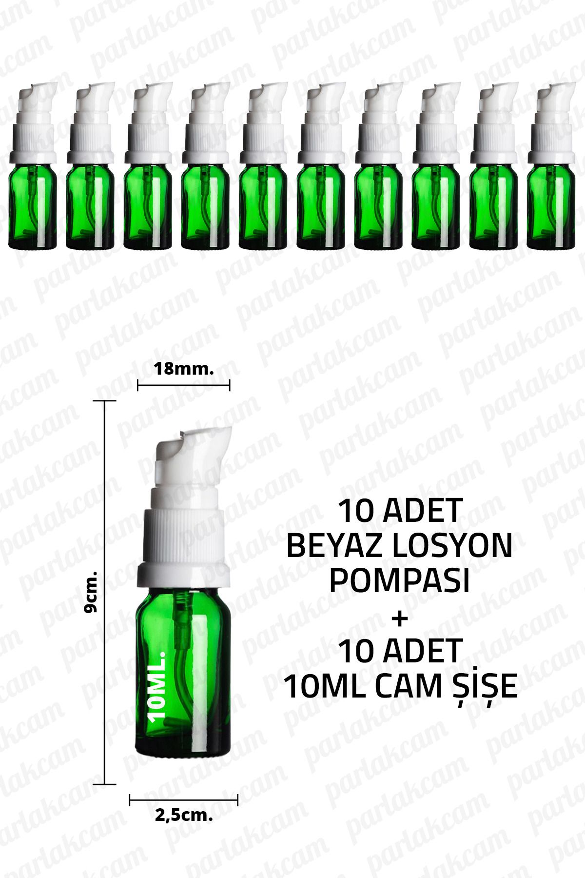 parlakcam 10ml Beyaz Losyon Pompası Yeşil Cam Şişe 10cc Beyaz Krem Pompası Başlıklı Yeşil Cam Şişe 10 Adet