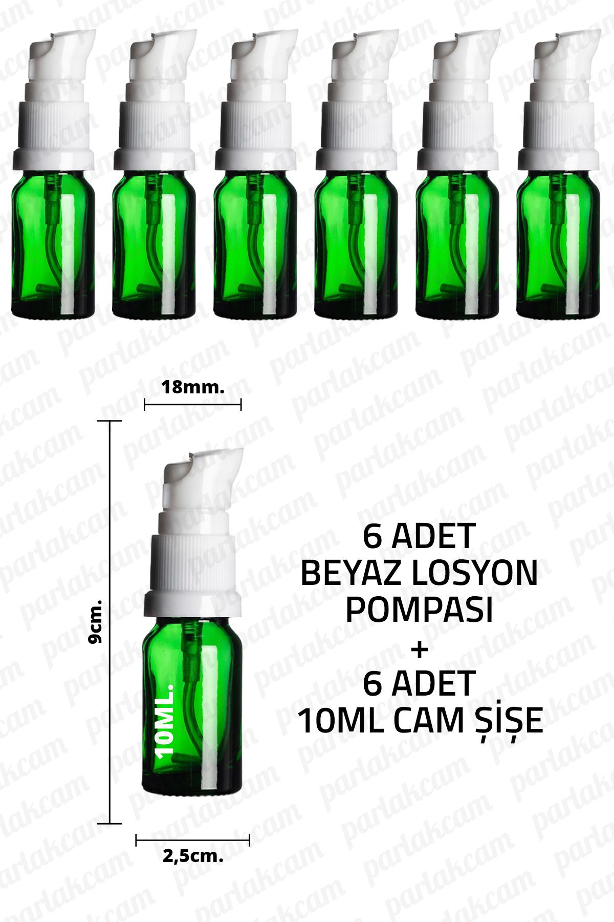 parlakcam 10ml Beyaz Losyon Pompası Yeşil Cam Şişe 10cc Beyaz Krem Pompası Başlıklı Yeşil Cam Şişe 6 Adet