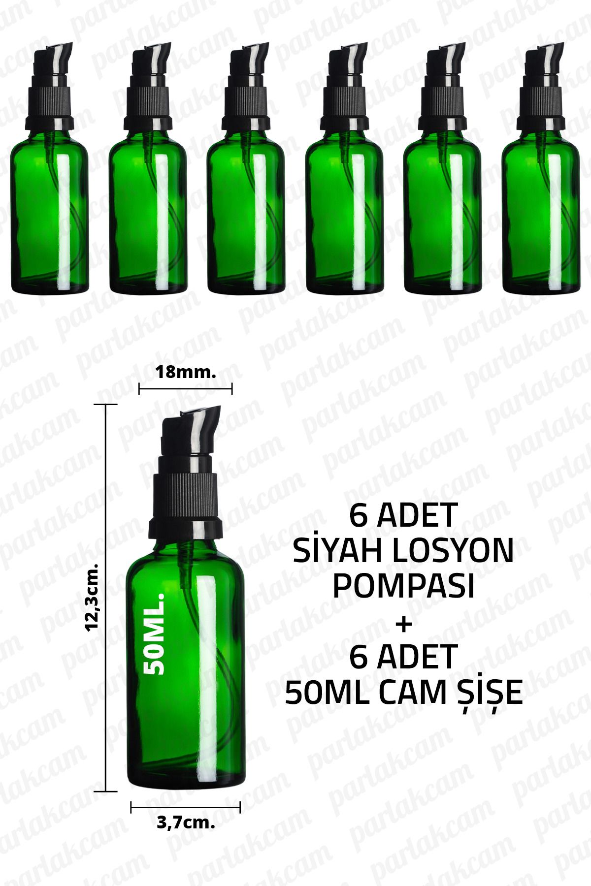 parlakcam 50ml Siyah Losyon Pompası Yeşil Cam Şişe 50cc Siyah Krem Pompası Başlıklı Yeşil Cam Şişe 6 Adet