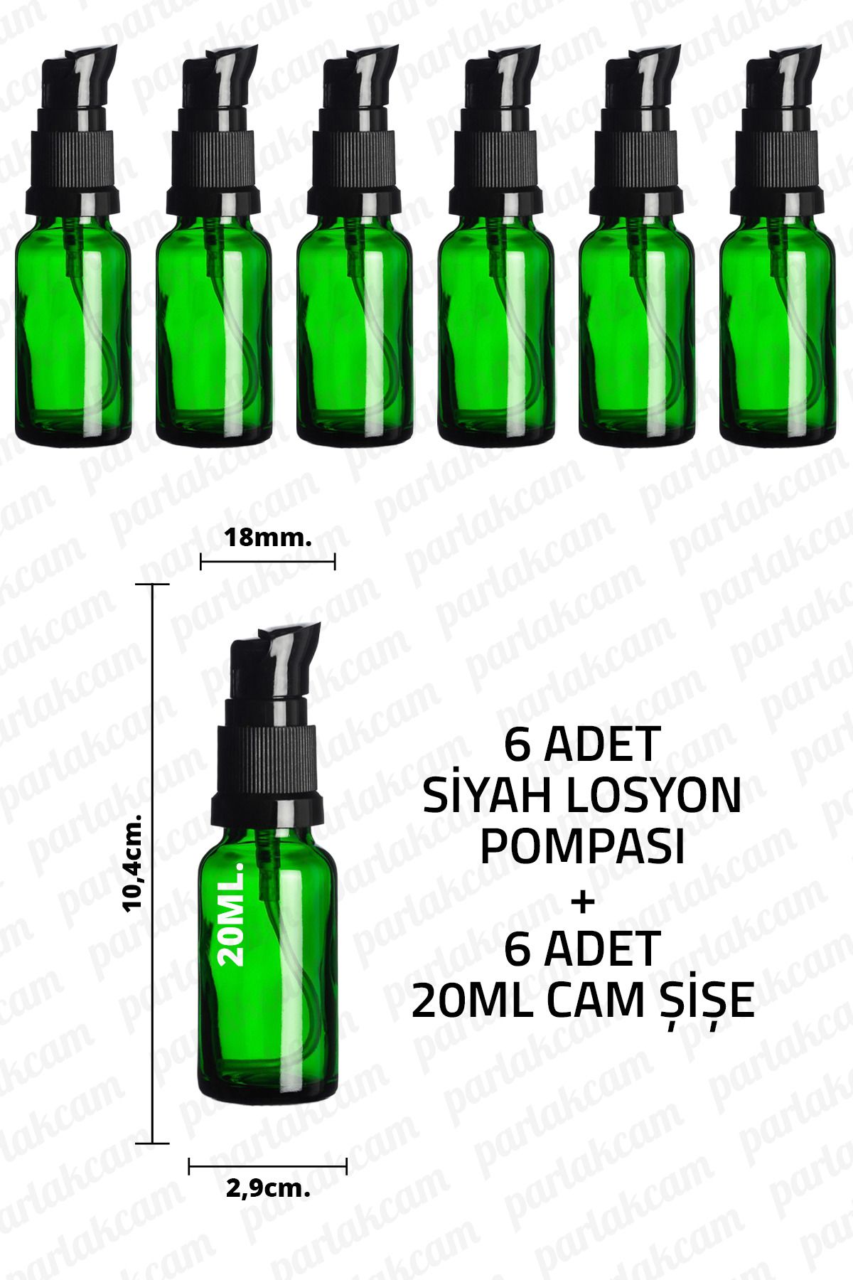 parlakcam 20ml Siyah Losyon Pompası Yeşil Cam Şişe 20cc Siyah Krem Pompası Başlıklı Yeşil Cam Şişe 6 Adet