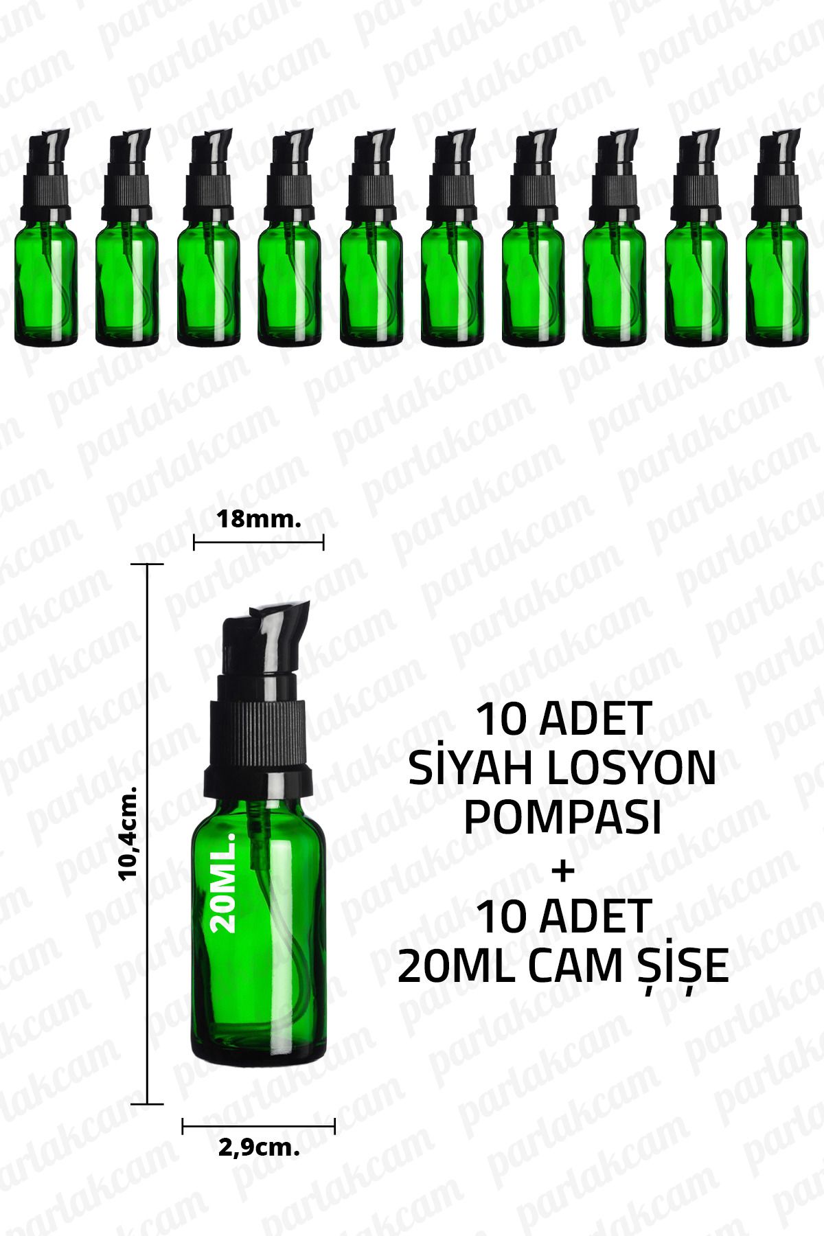 parlakcam 20ml Siyah Losyon Pompası Yeşil Cam Şişe 20cc Siyah Krem Pompası Başlıklı Yeşil Cam Şişe 10 Adet