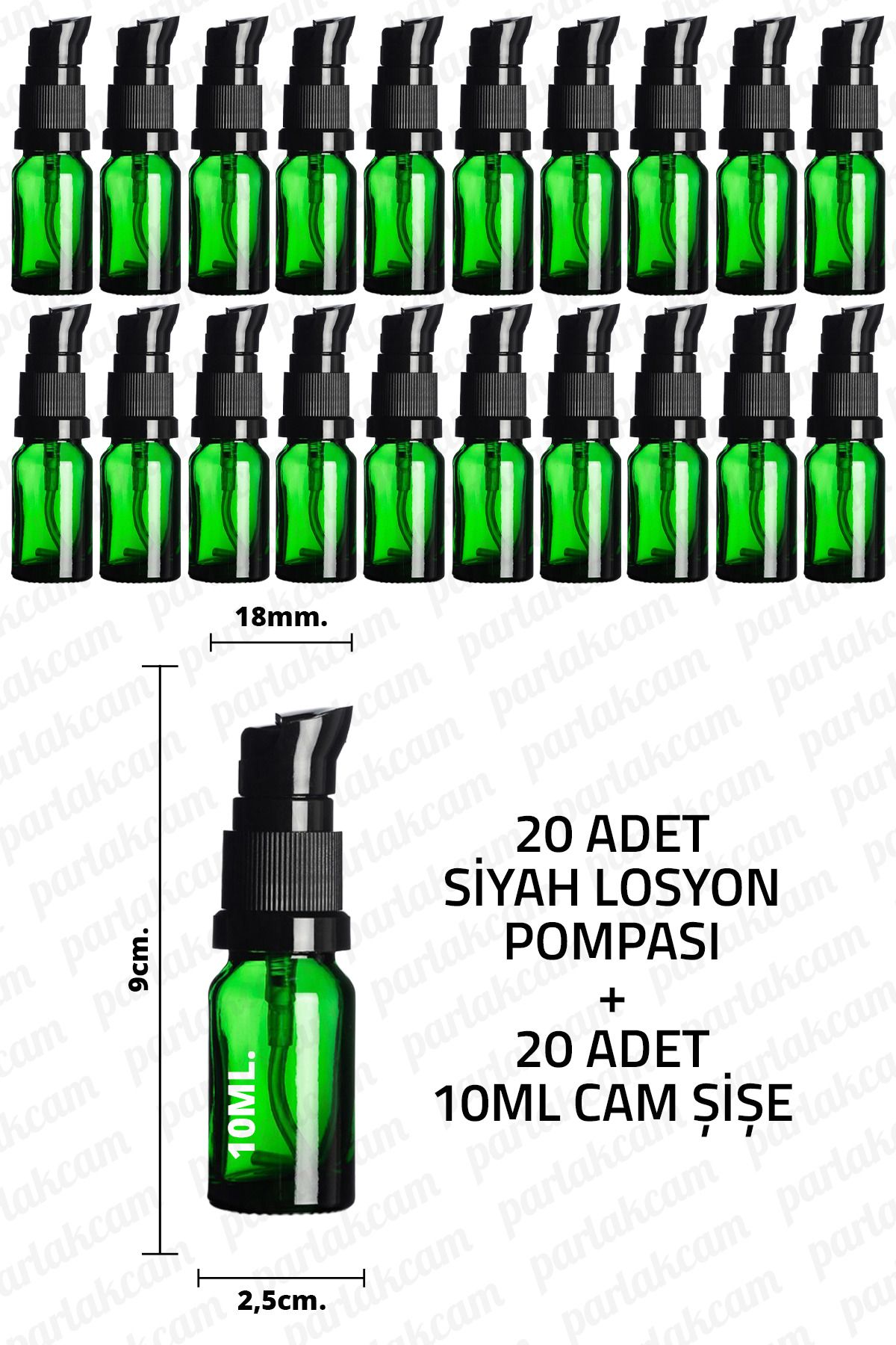 parlakcam 10ml Siyah Losyon Pompası Yeşil Cam Şişe 10cc Siyah Krem Pompası Başlıklı Yeşil Cam Şişe 20 Adet