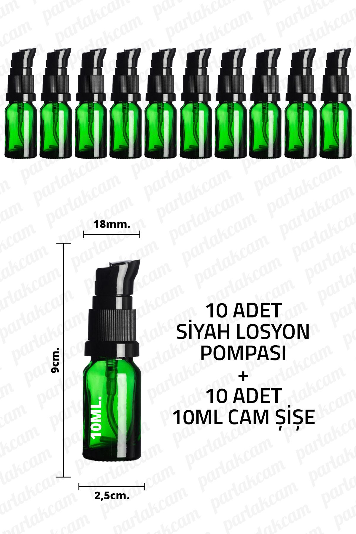 parlakcam 10ml Siyah Losyon Pompası Yeşil Cam Şişe 10cc Siyah Krem Pompası Başlıklı Yeşil Cam Şişe 10 Adet