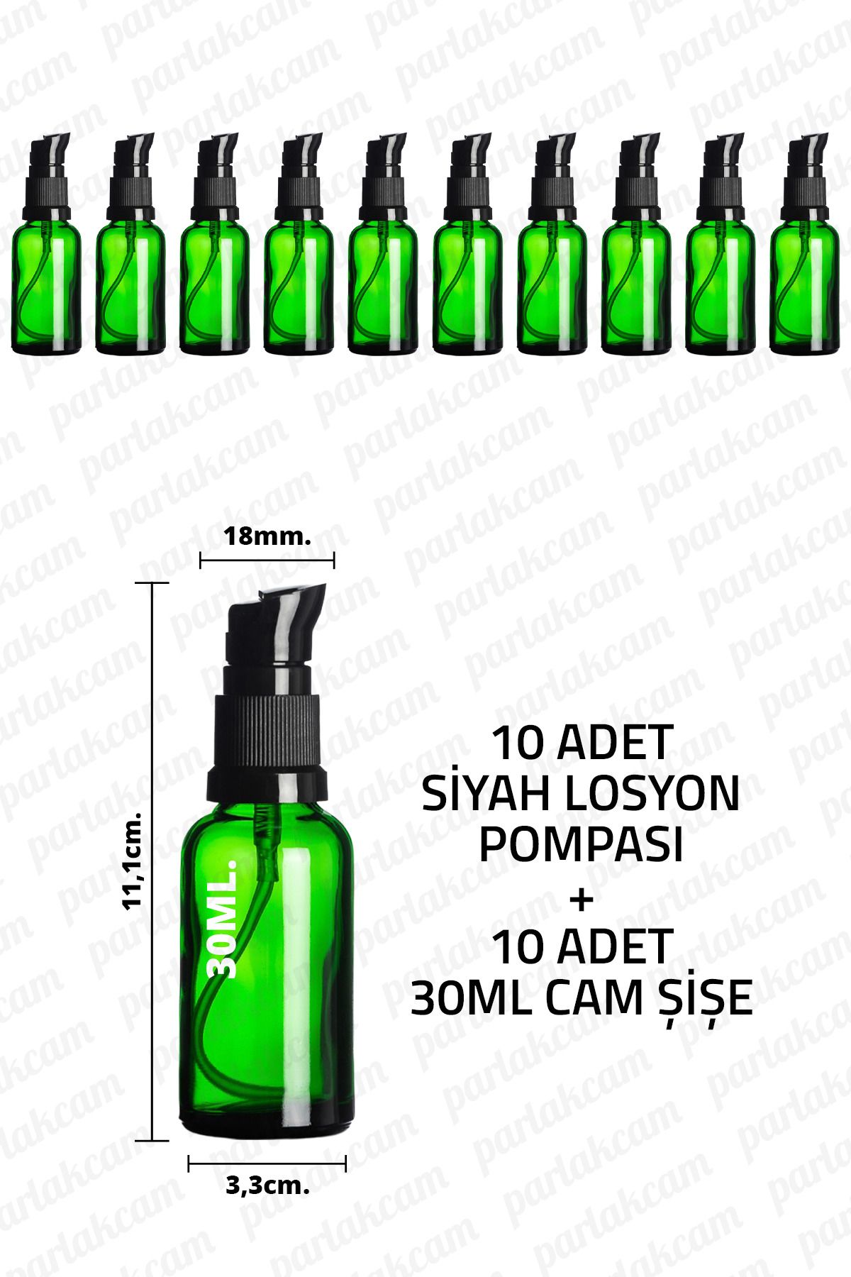 parlakcam 30ml Siyah Losyon Pompası Yeşil Cam Şişe 30cc Siyah Krem Pompası Başlıklı Yeşil Cam Şişe 10 Adet