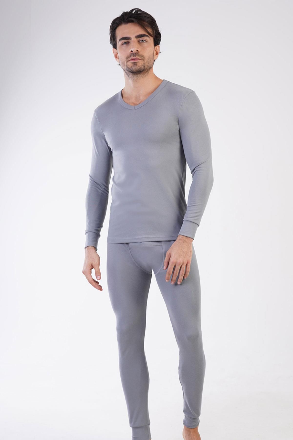 cotonhause-Gray V-Neck Thermal Underwear Set - Double Stone Processing, Soft Texture C5T0N0O903 1