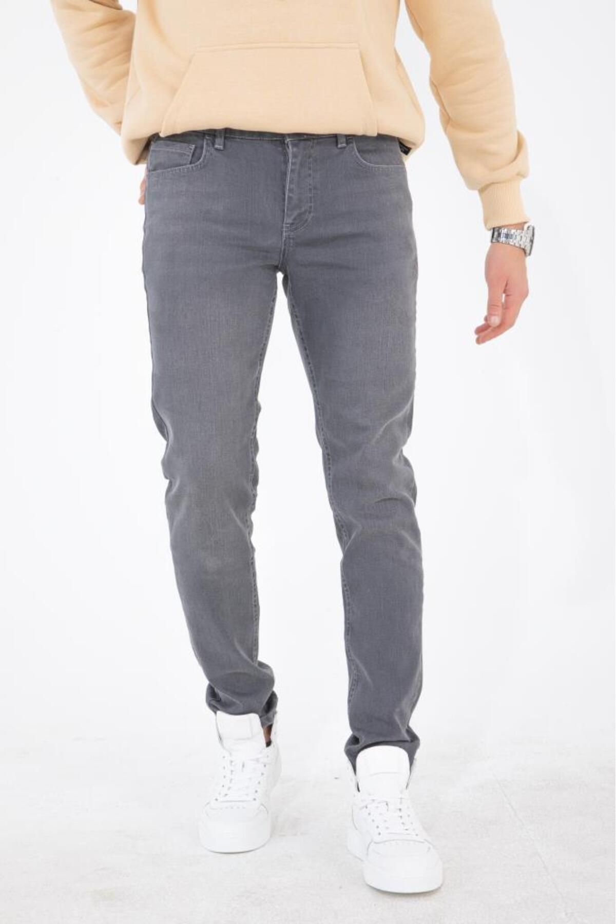 HLT JEANS Erkek Gri Slim Fit Taşlamalı Likralı Jean Kot Pantolon Hlthe001942