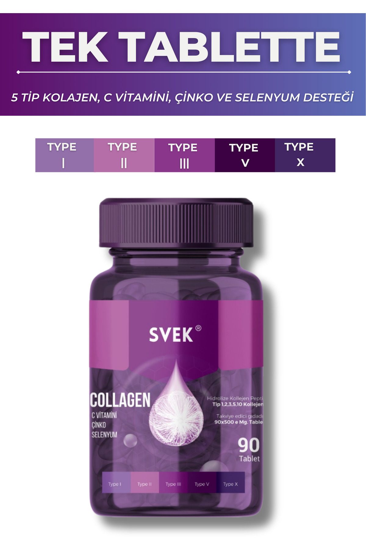 Svek 5 Tip Hidrolize Kolajen ve C vitamini - Çinko - Selenyum İçeren Takviye 90 Tablet