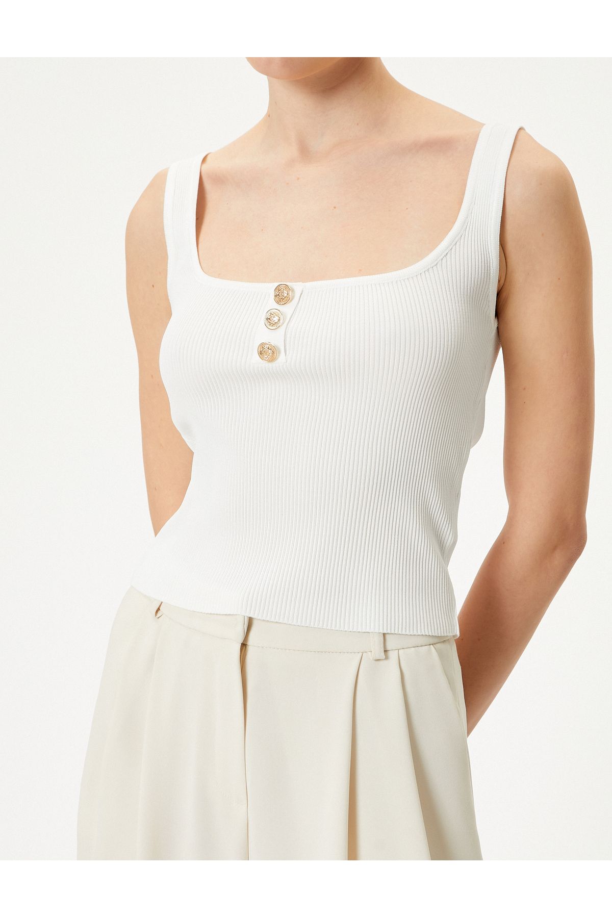 Koton-Corded Square Neck Undershirt - With Straps and Buttons 5