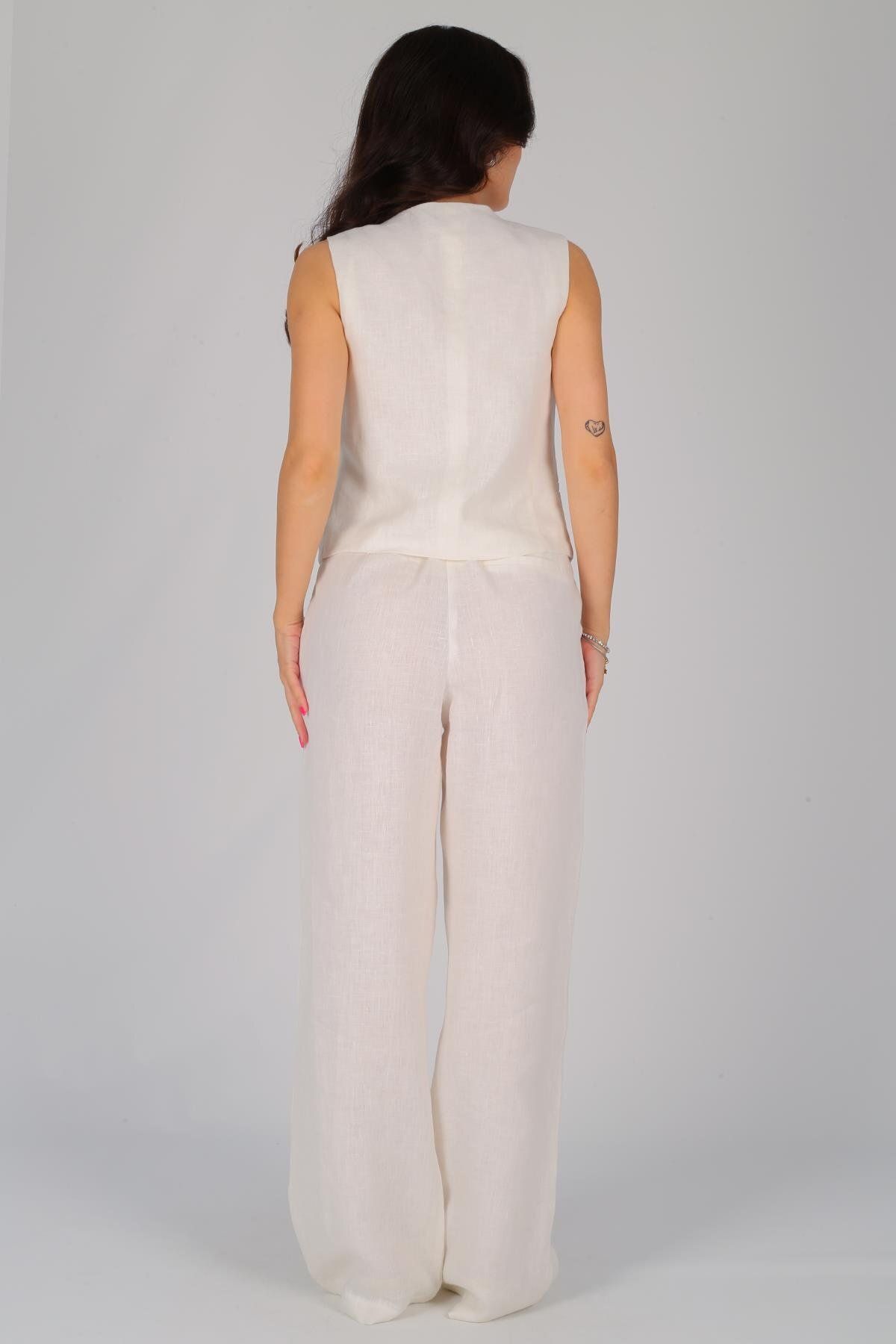 FACETTE-White Linen Women's Vest and Trousers Set 5