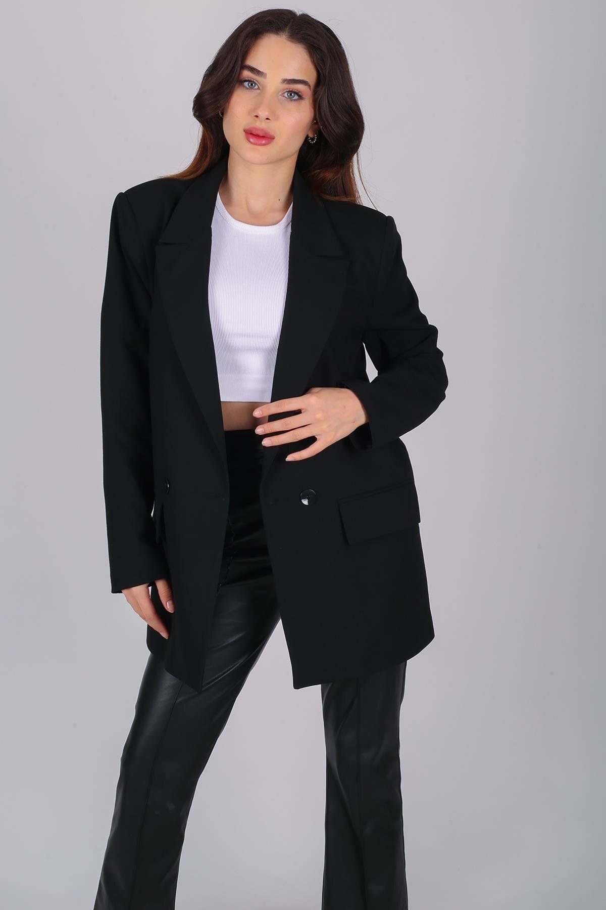 FACETTE-Women's Black Buttoned Blazer Jacket 1