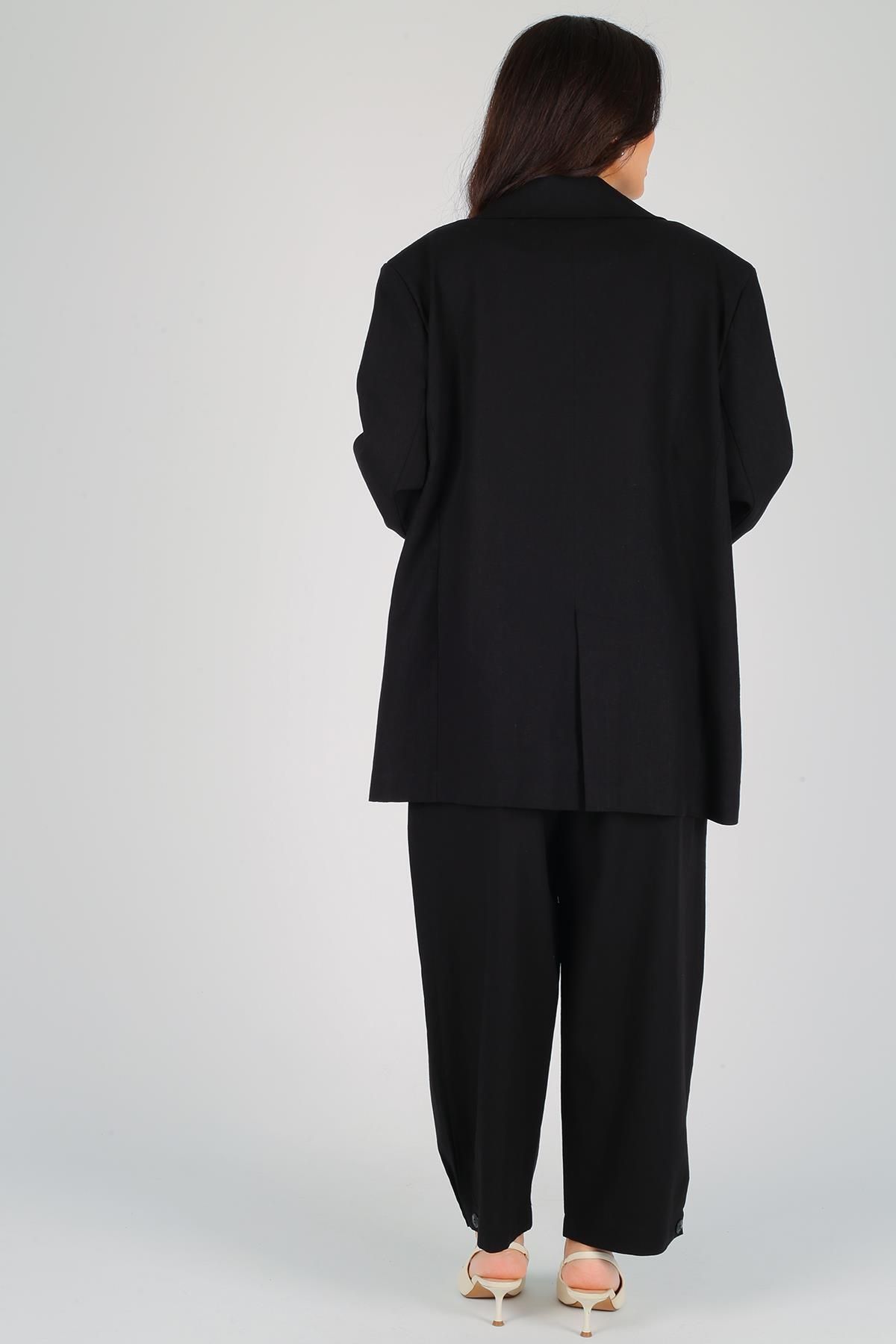 FACETTE-Black Linen Oversize Jacket - Women's, Buttoned 4