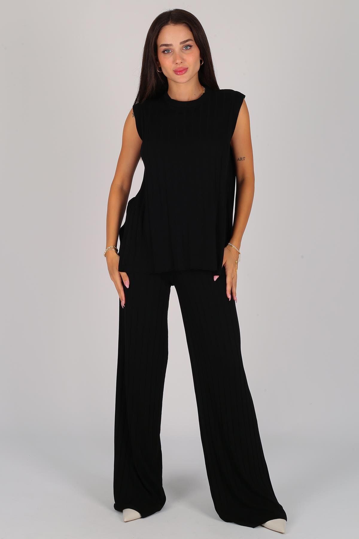 FACETTE-Black Knitwear Blouse and Trousers Set - Women's Sleeveless 1