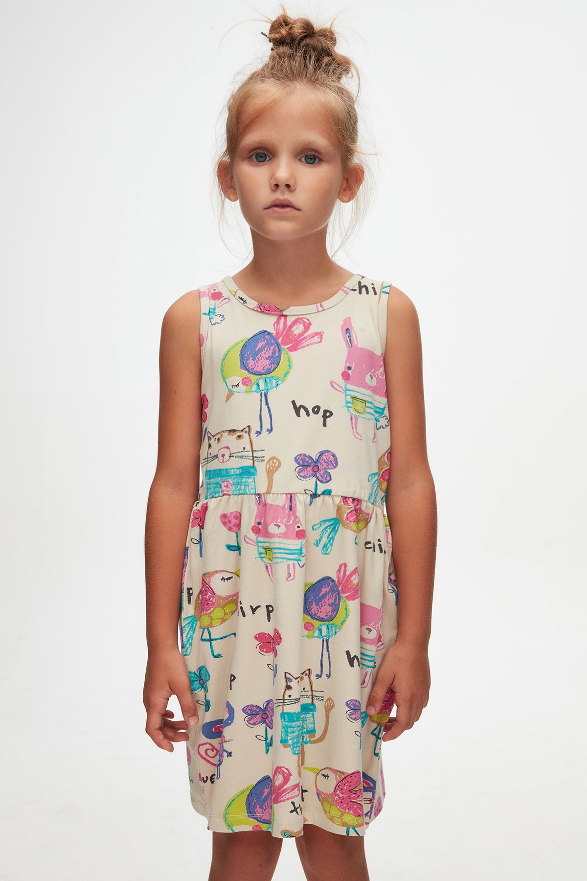 LOVETTI-Girl Beige Color Chirping Animals Patterned Sleeveless Dress 2