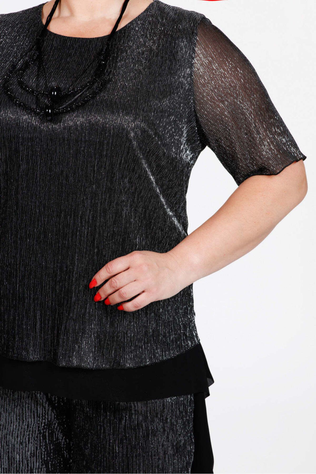 Gemko-Black Glitter Pleated Blouse and Pants Set - Silver 5