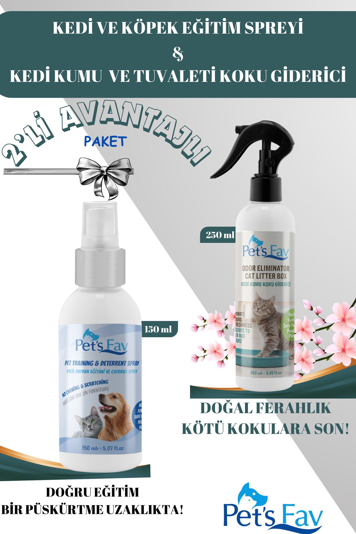 2'li Set Kedi Tuvalet Eğitimi, Doğal Uzaklaştırıcı, Kedi Kumu ve Tuvaleti Koku Giderici Sprey