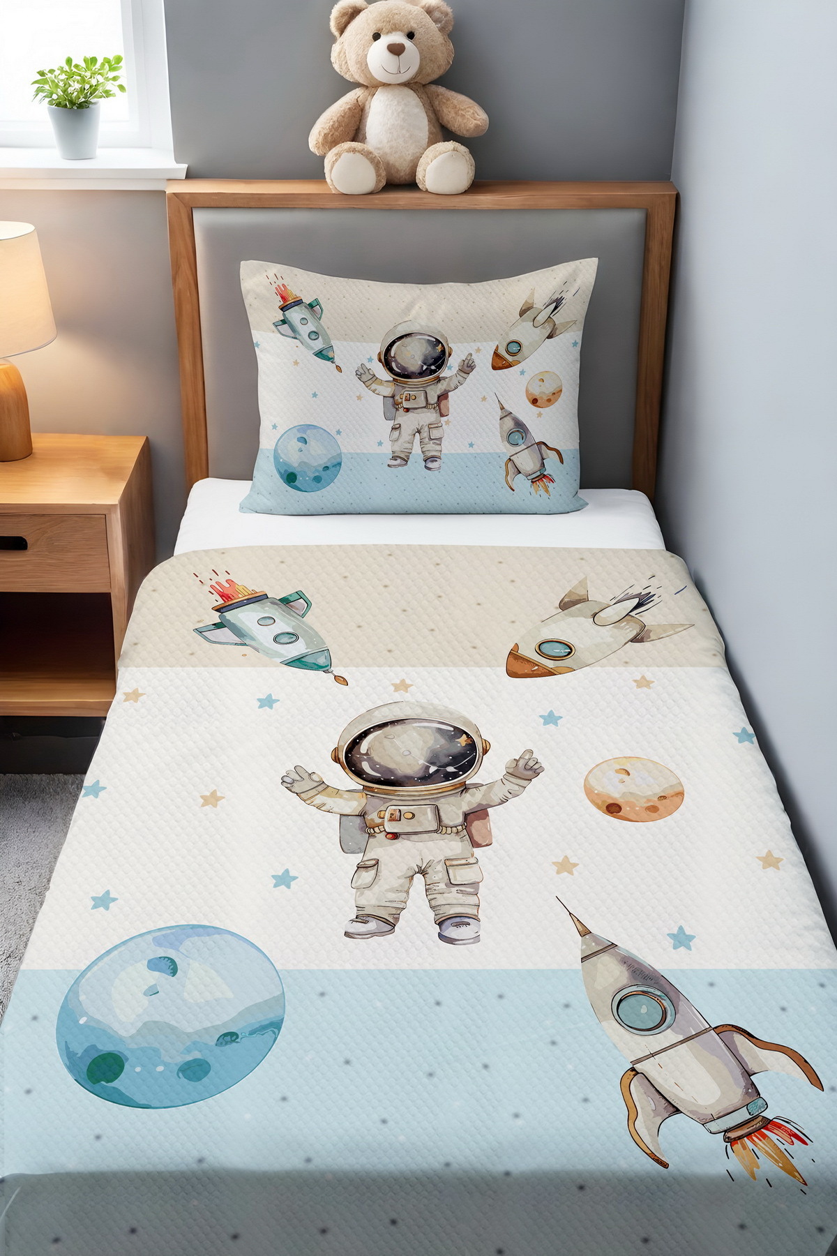 Evpanya Mavi Krem Yıldızlı Eğlenceli Astronot Desenli Pike Seti fotoğrafı 2 (önizleme)