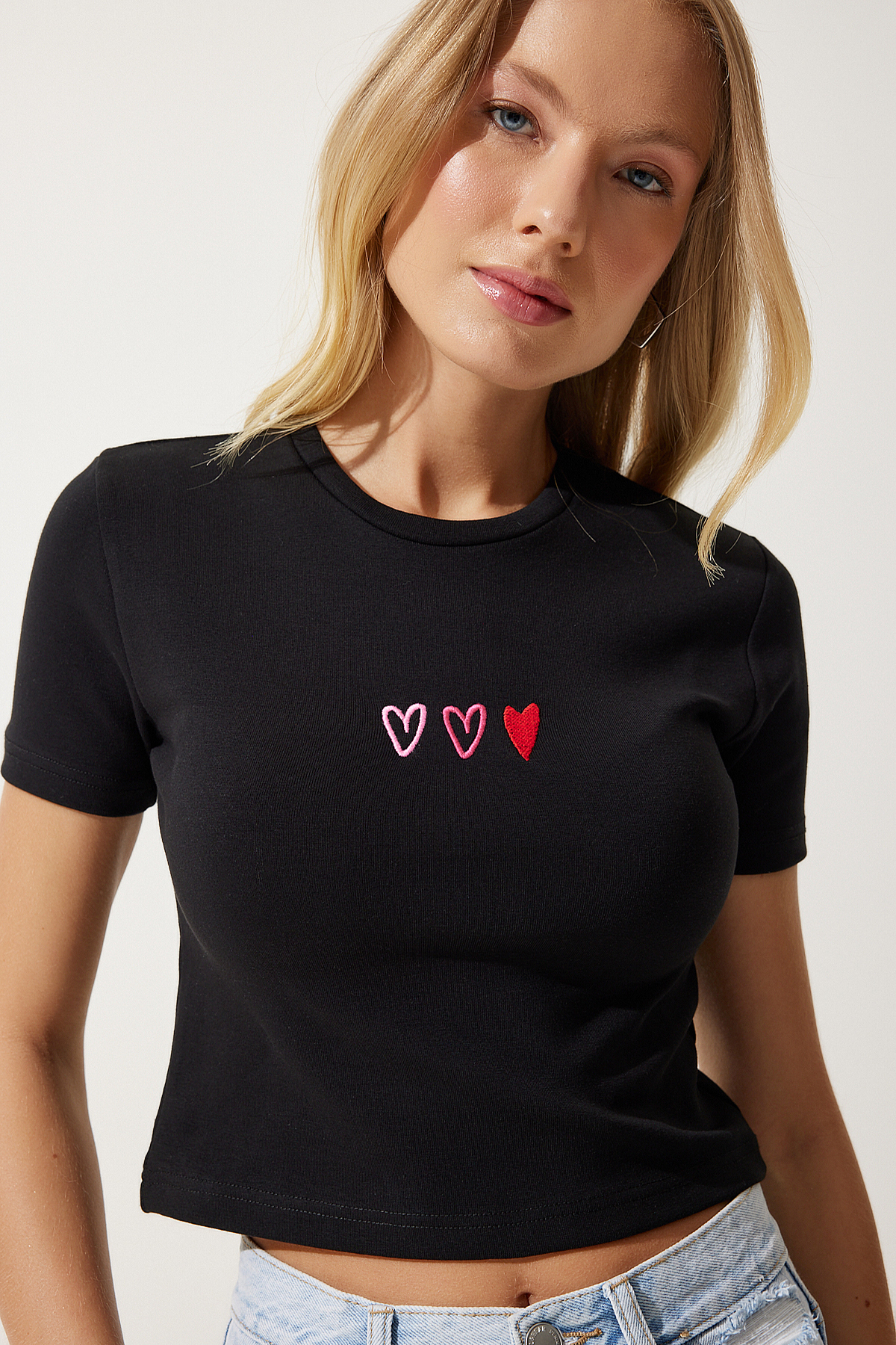 babylclub Megumi top (black) トップス Lovelyİstanbul Kalp Nakışlı Crop Örme T-shirt SİYAH LMX0064