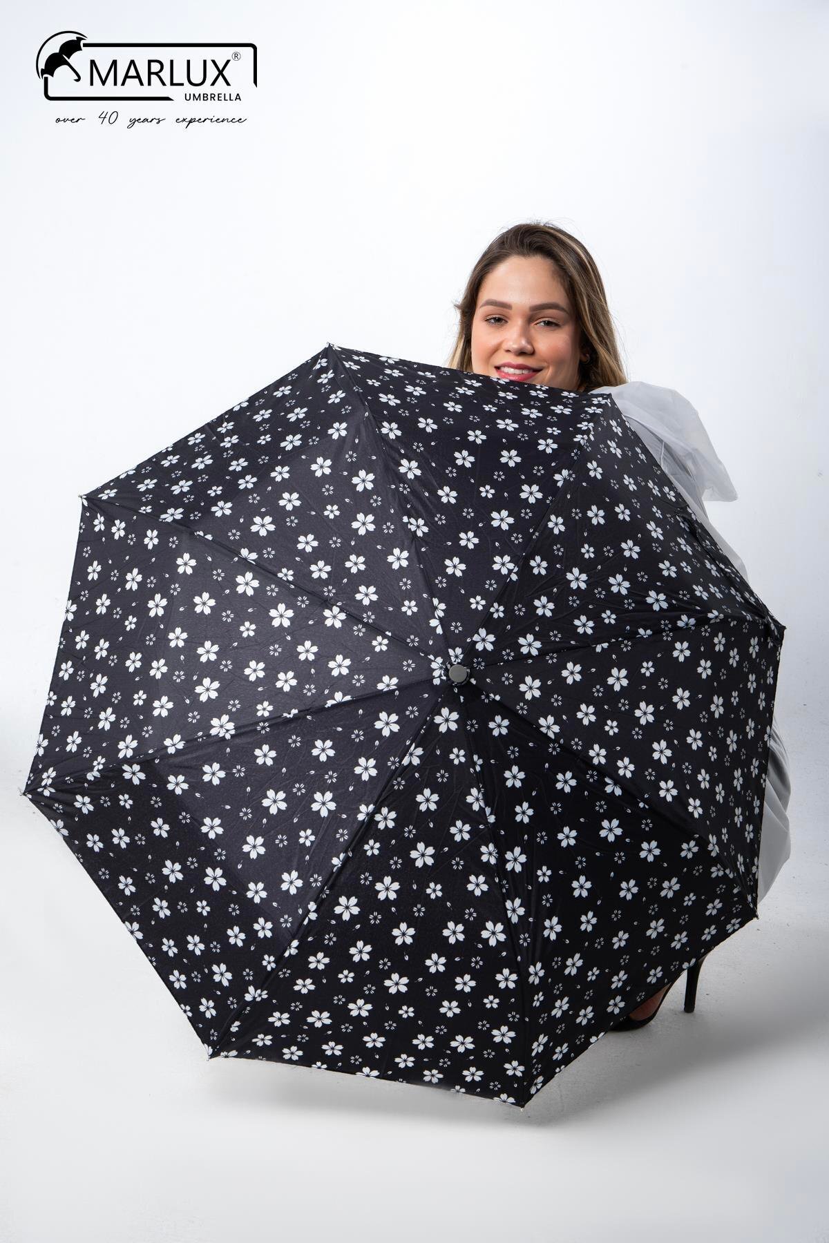 Women's Fully Automatic Black Flower Patterned Umbrella M21mar706r002
