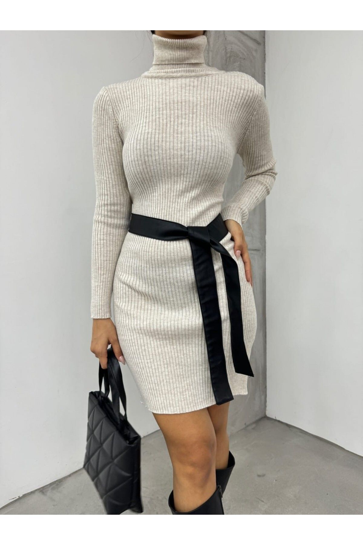 Modamorfo-Turtleneck Ribbed Knitwear Dress 2